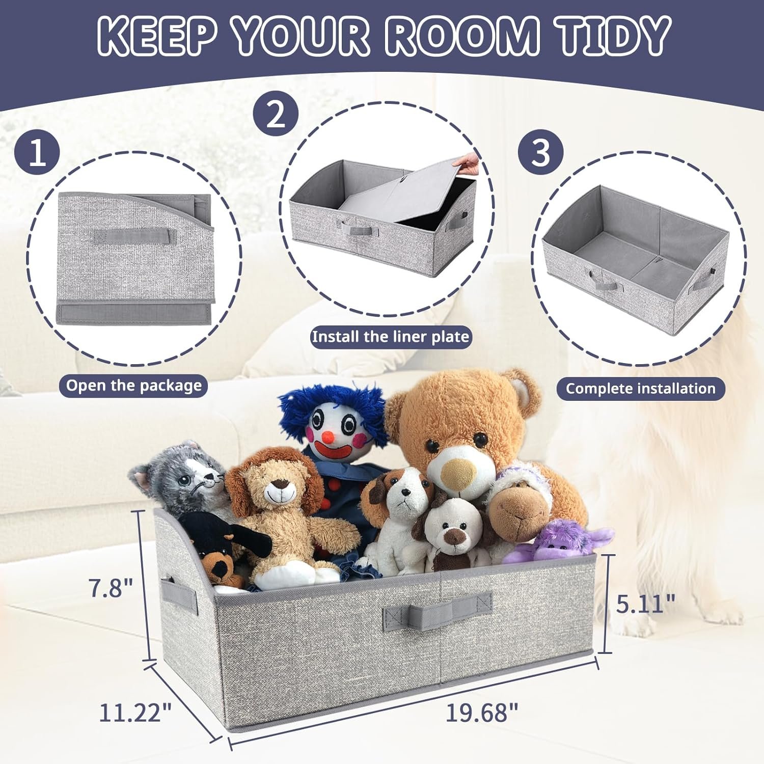 Non-woven Fabric Dog Toys Storage Box & Dog Accessories Basket with 3 Handles, Foldable and Portable Dog Toy Bin, Perfect for Pet Toys and Blankets, Grey - Image 4