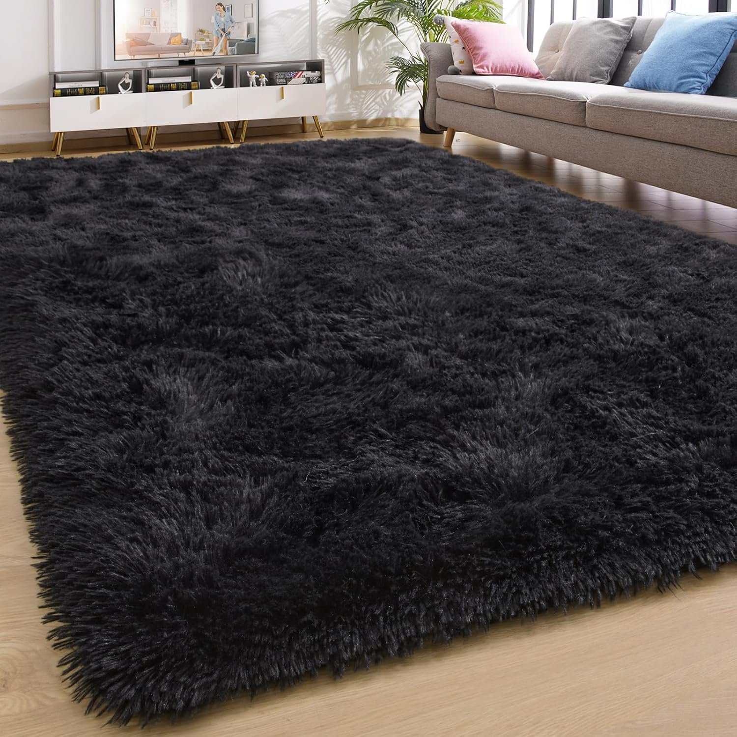 YJ.GWL Soft Area Rugs for Bedroom Living Room Plush Fluffy Rug 4x6 Feet, Black Shag Rug Carpet Non Shedding for Nursery Playroom Dorm, Indoor Modern Fuzzy Rug for Kids Girls Room Home Decor - Image 2