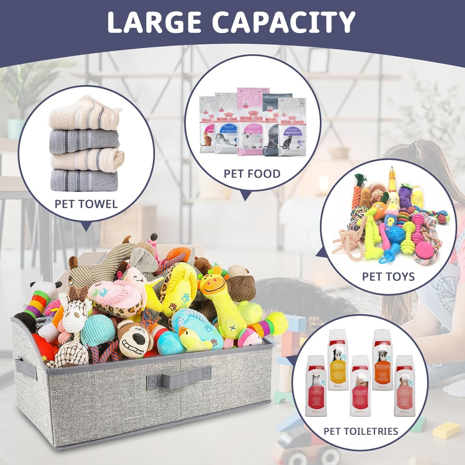 Non-woven Fabric Dog Toys Storage Box & Dog Accessories Basket with 3 Handles, Foldable and Portable Dog Toy Bin, Perfect for Pet Toys and Blankets, Grey - Image 5