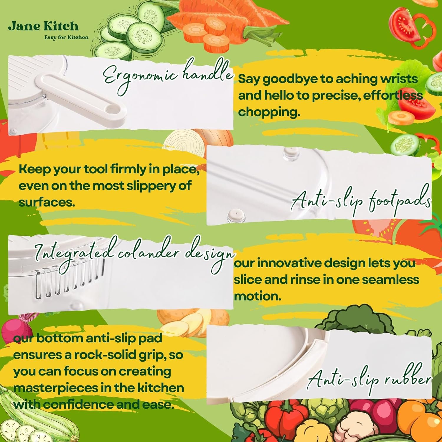 10 Jane Kitch Safe Mandoline Slicer for Kitchen, 6 in 1 Multi Purpose Vegetable Slicer Veggie Slicer Cutter, Potato Slicer, Vegetable Chopper Veggie Chopper with Container and Lid for Salad - Image 6