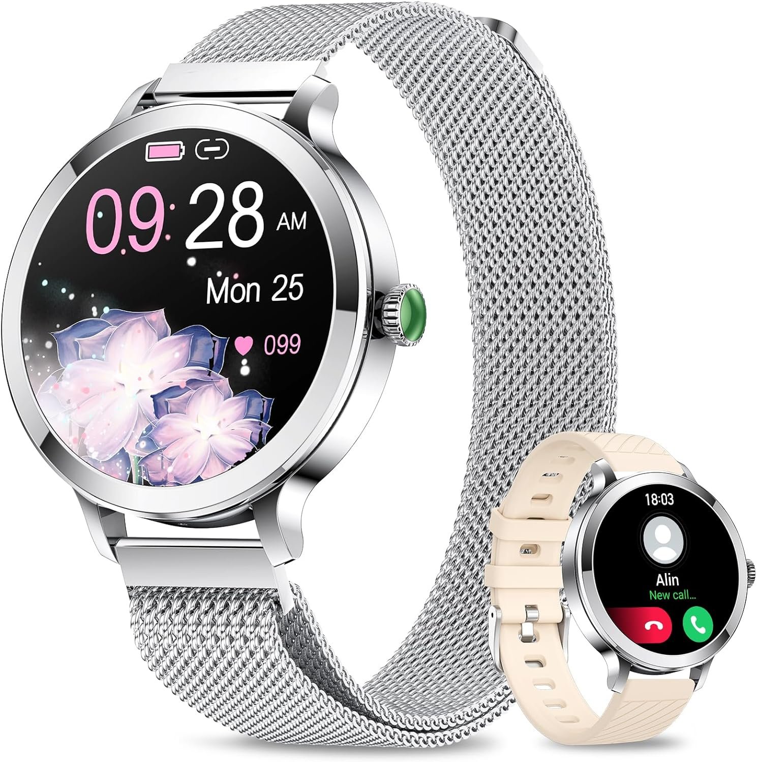 Smart Watches for Women, 1.106" AMOLED Small Screen Smartwatch Answer/Make Call for Android iOS Phones, IP68 Waterproof Fitness Activity Tracker with Heat Rate Sleep Monitor SpO2, Silver - Image 2