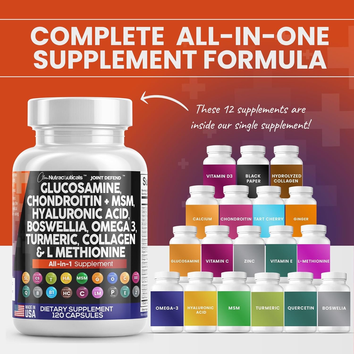Clean Nutraceuticals Glucosamine Chondroitin MSM Turmeric Hyaluronic Acid Boswellia Collagen Tart Cherry - Joint Support Supplement Omega 3 Pills Ginger Quercetin Capsules - 120 Count USA - Image 4