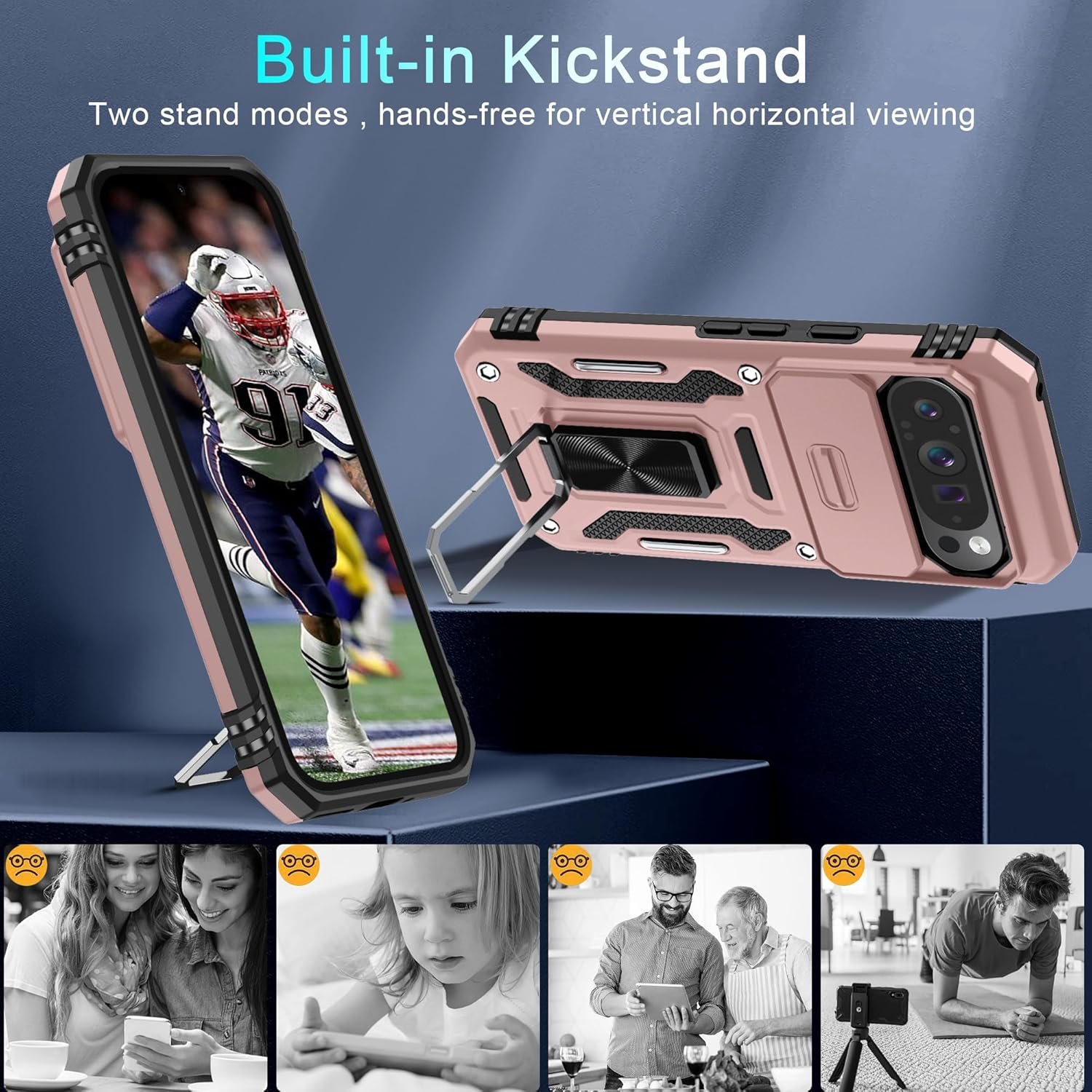 DEERLAMN Case for Google Pixel 9 Pro XL with Slide Camera Cover+Screen Protector(1 Pack), Rotated Ring Kickstand Military Grade Shockproof Protective Cover-Rose Gold - Image 5