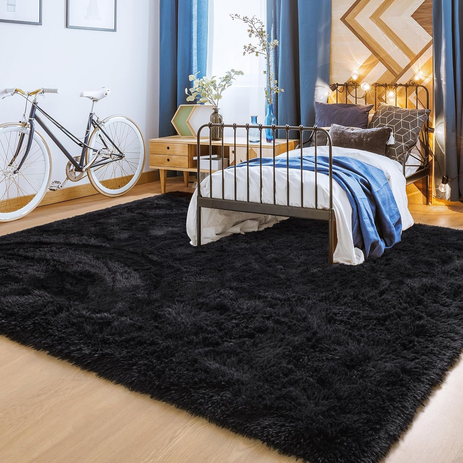 YJ.GWL Soft Area Rugs for Bedroom Living Room Plush Fluffy Rug 4x6 Feet, Black Shag Rug Carpet Non Shedding for Nursery Playroom Dorm, Indoor Modern Fuzzy Rug for Kids Girls Room Home Decor - Image 3