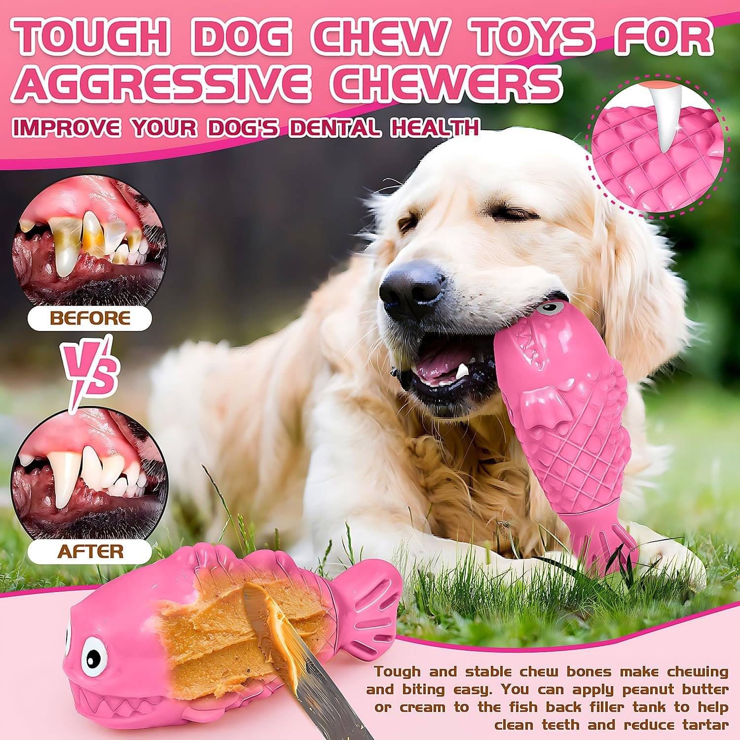 Squeaky Dog Toys for Aggressive Chewers, Treat Dispensing Dog Toys, Tough Indestructible Dog Chew Toys for Large Medium Breed, Interactive Durable Nylon Bone Dog Toys to Keep Them Busy(Pink) - Image 5