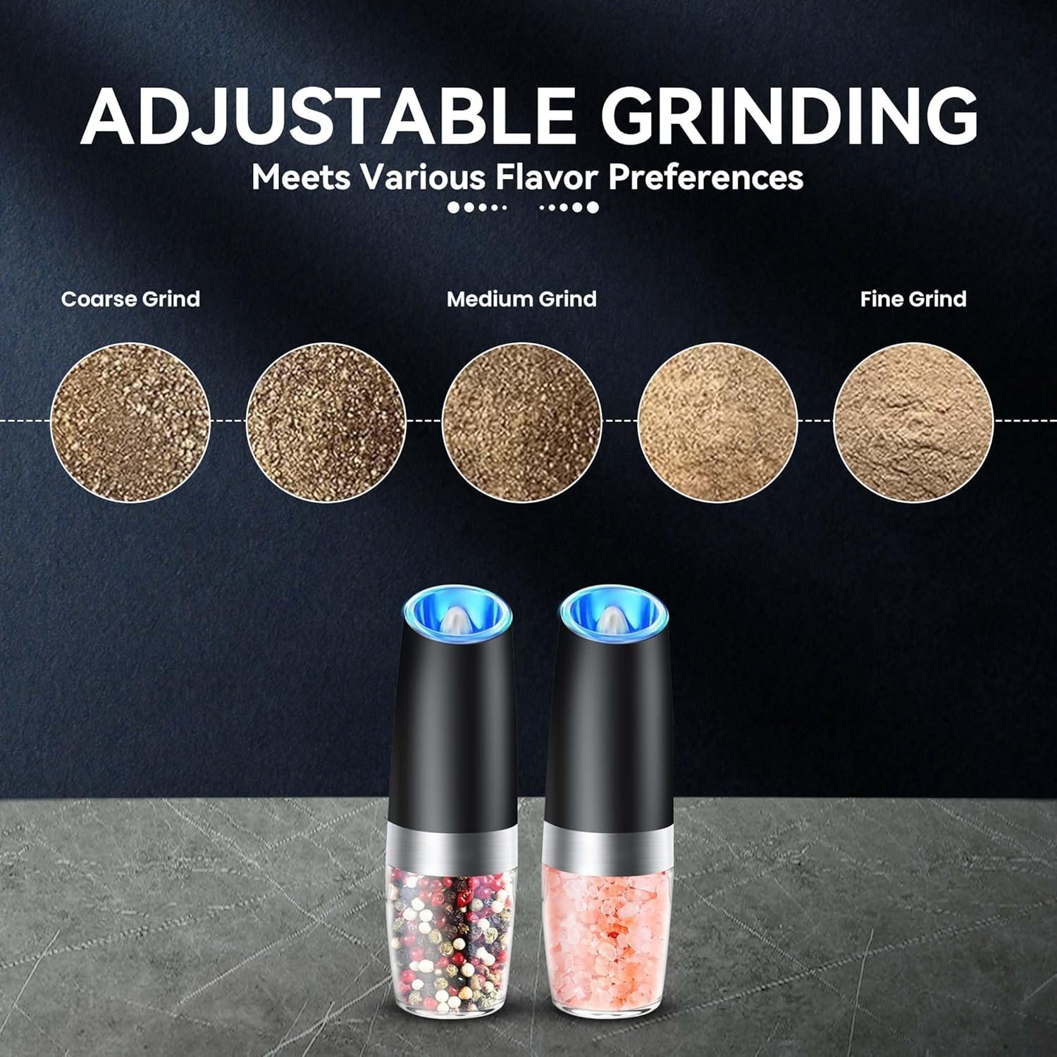 Gravity Electric Salt and Pepper Grinder set of 2, Automatic Salt And Pepper Grinder Set, Adjustable Roughness, Battery Powered, LED Light, 2 Pack Set, (Black) - Image 4