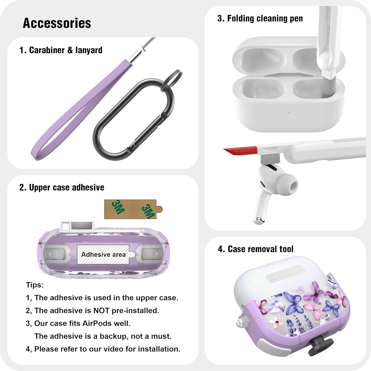 WENEW Case for AirPods Pro & Pro 2 Case Cover Secure Lock Automatic Snap Switch Clip Cleaner Kit Lanyard Women Stylish Hard Shell Full Body Front LED Visible (Purple Butterfly, AirPods Pro & Pro 2) - Image 6