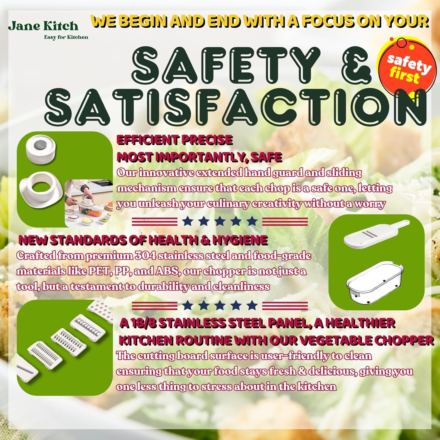 10 Jane Kitch Safe Mandoline Slicer for Kitchen, 6 in 1 Multi Purpose Vegetable Slicer Veggie Slicer Cutter, Potato Slicer, Vegetable Chopper Veggie Chopper with Container and Lid for Salad - Image 3