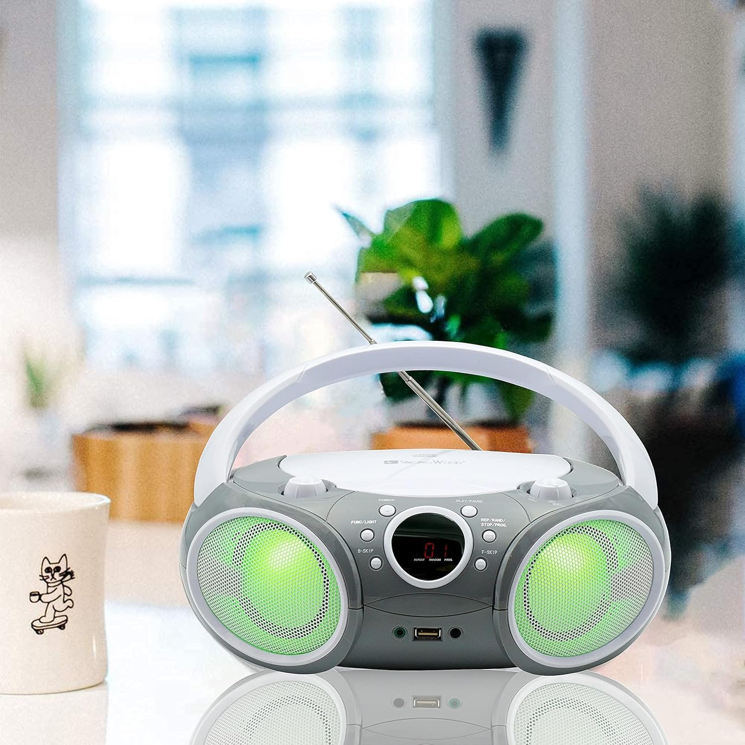 SINGING WOOD 030BTL CD/CD-R/CD-RW Boombox Portable/w Bluetooth, USB, AM/FM Radio, AUX-Input, Headset Jack, Foldable Carrying Handle and LED Light (Space Grey) - Image 6