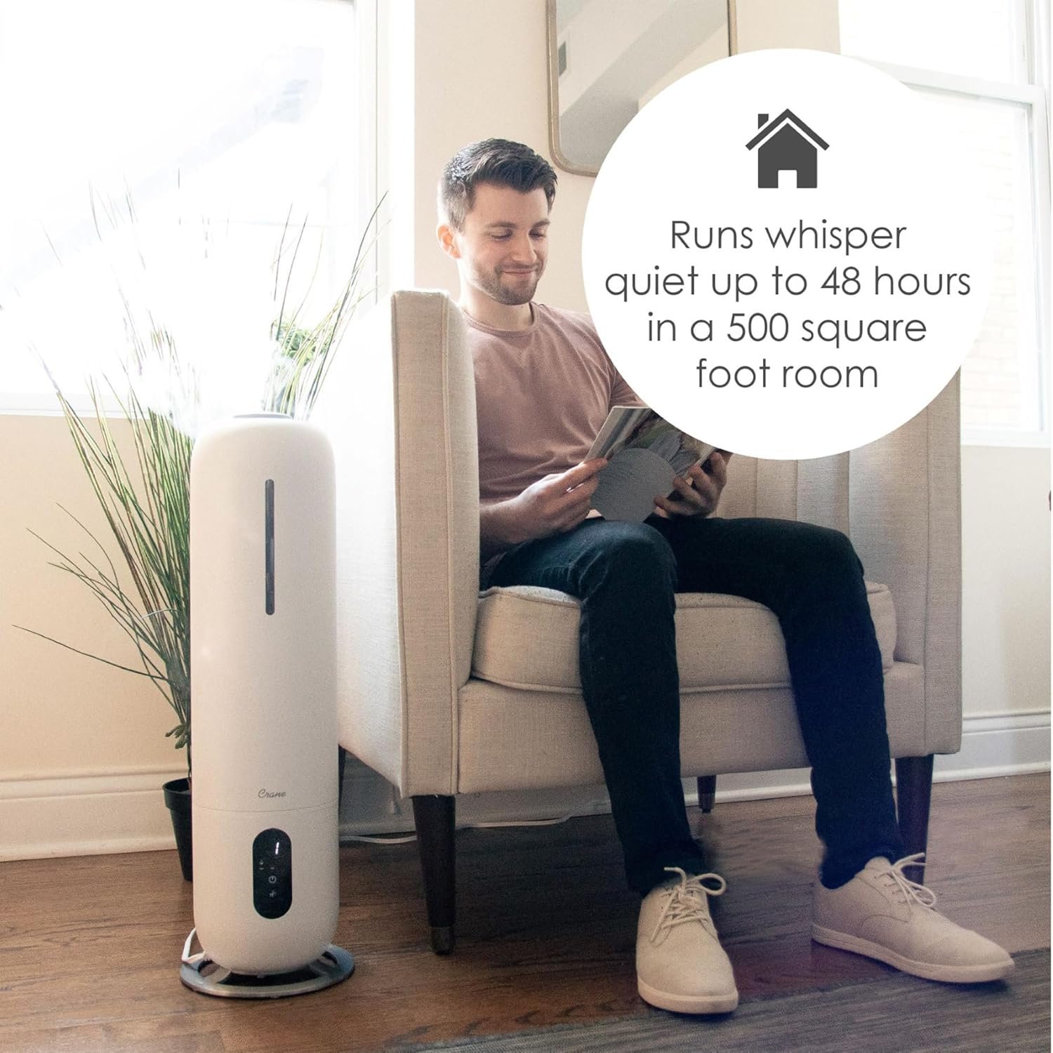 Crane Ultrasonic Cool Mist Tower Humidifier, 2 Gallon,White,EE-6917 - Image 7