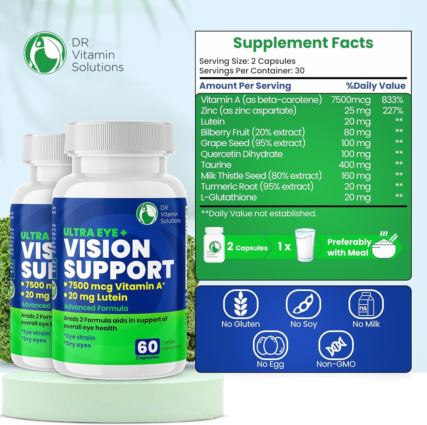 Vision Support Eye Vitamins for Macular Health |2 Pack Supplements w/Lutein, Vitamin A & Bilberry | Areds 2 Formula for Red & Dry Eyes & Macular Degeneration for Adults |120 Ct - Image 3
