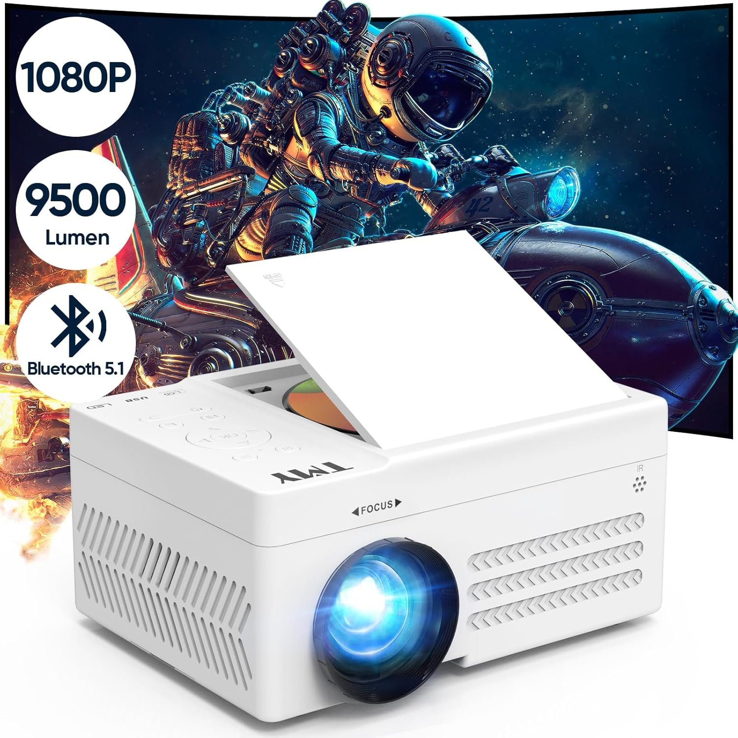 TMY Bluetooth Projector with DVD Player Built in, 1080P Mini Projector, Portable DVD Projector for Outdoor Movies, Compatible with Smartphone/PC/TV Stick/HDMI/USB/TF - Image 3