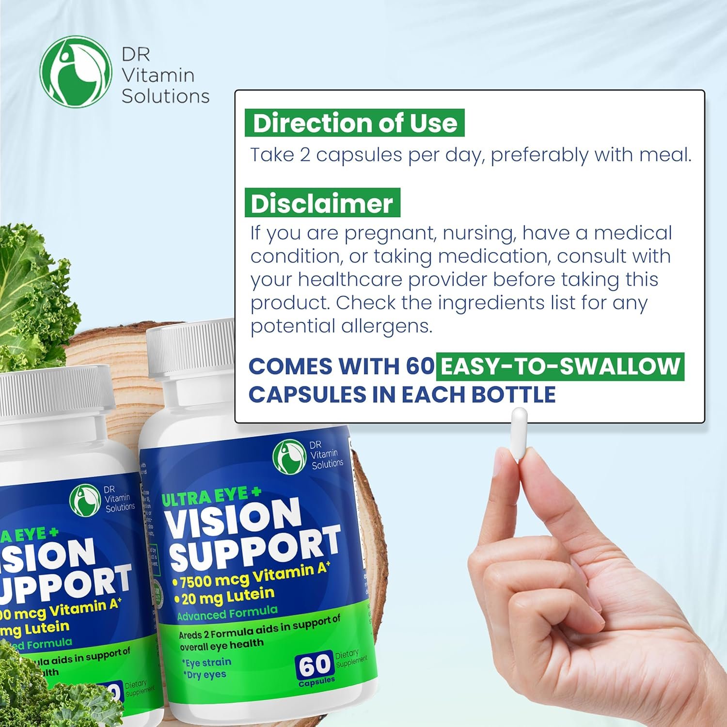 Vision Support Eye Vitamins for Macular Health |2 Pack Supplements w/Lutein, Vitamin A & Bilberry | Areds 2 Formula for Red & Dry Eyes & Macular Degeneration for Adults |120 Ct - Image 9