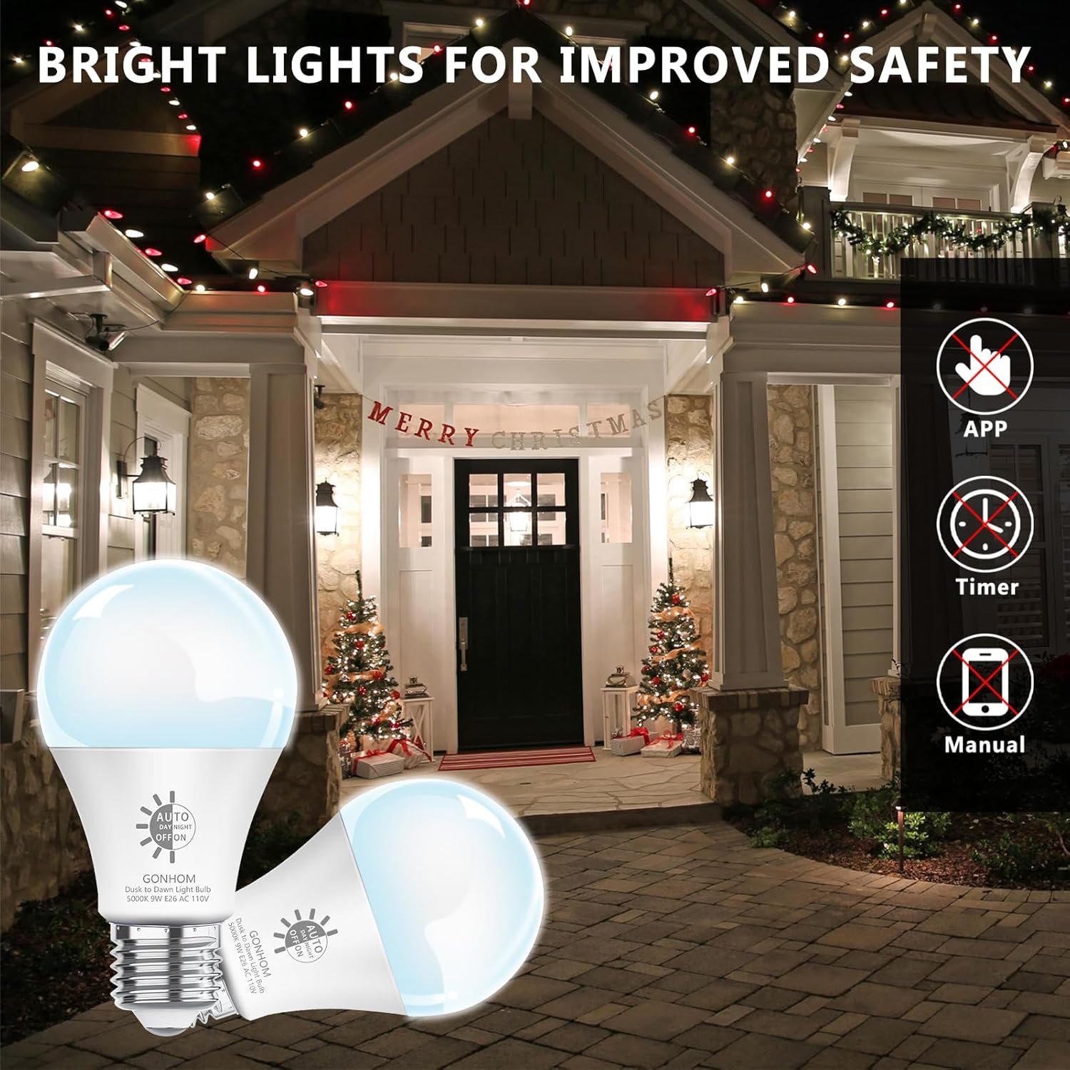 2 Pack Dusk to Dawn Light Bulbs Outdoor, 5000K-Daylight, 720LM, 9W(60W Equivalent) A19 E26 Automatic On/Off LED Light Bulbs, Dusk to Dawn LED Outdoor Lighting for Porch Garage Patio - Image 5