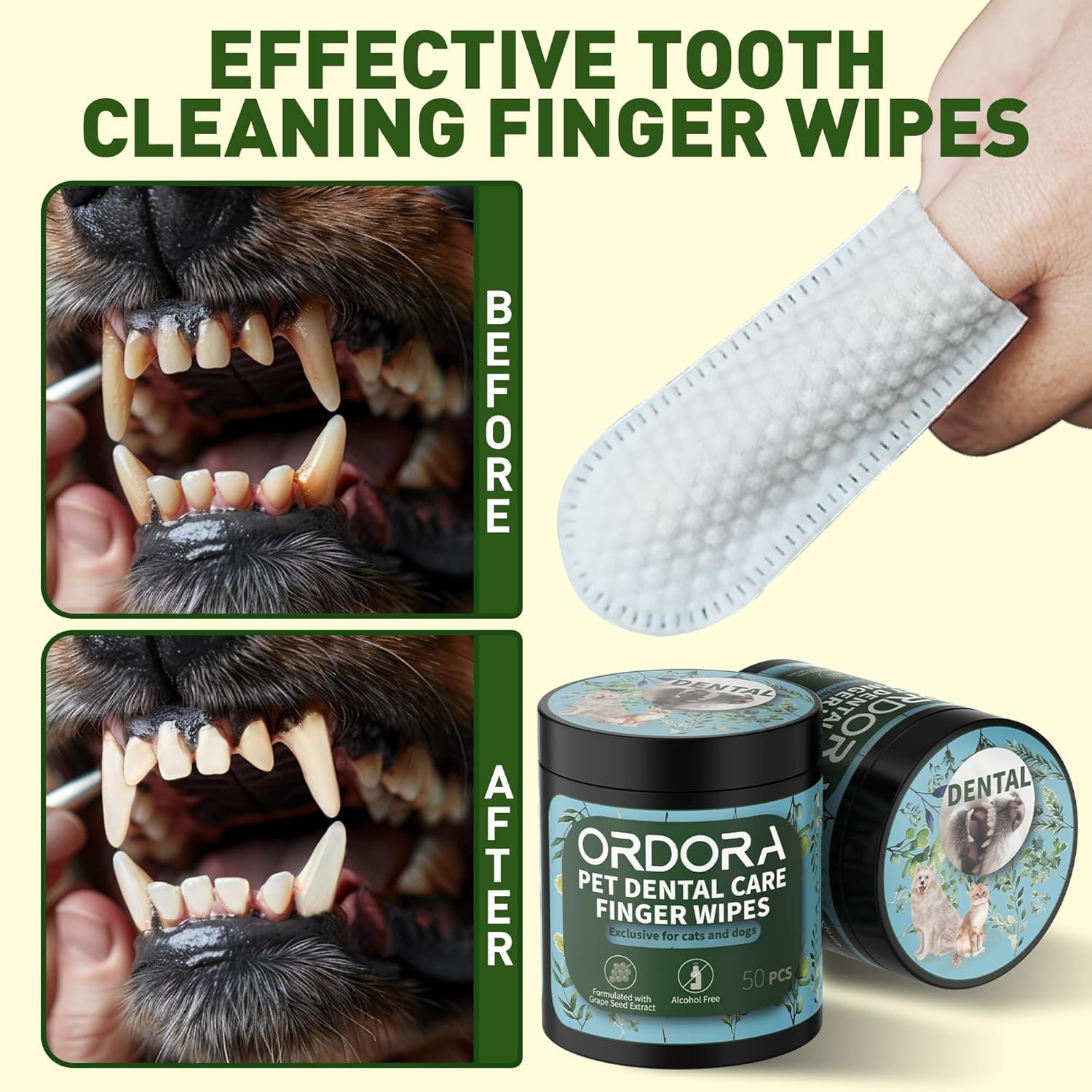 ORDORA PET Teeth Cleaning Wipes for Dogs & Cats, Dog Teeth Cleaning Finger Wipes - Dog Tooth Brushing Kit Dental Wipes - Reduces Plaque & Freshens Breath (50 Pcs) - Image 3