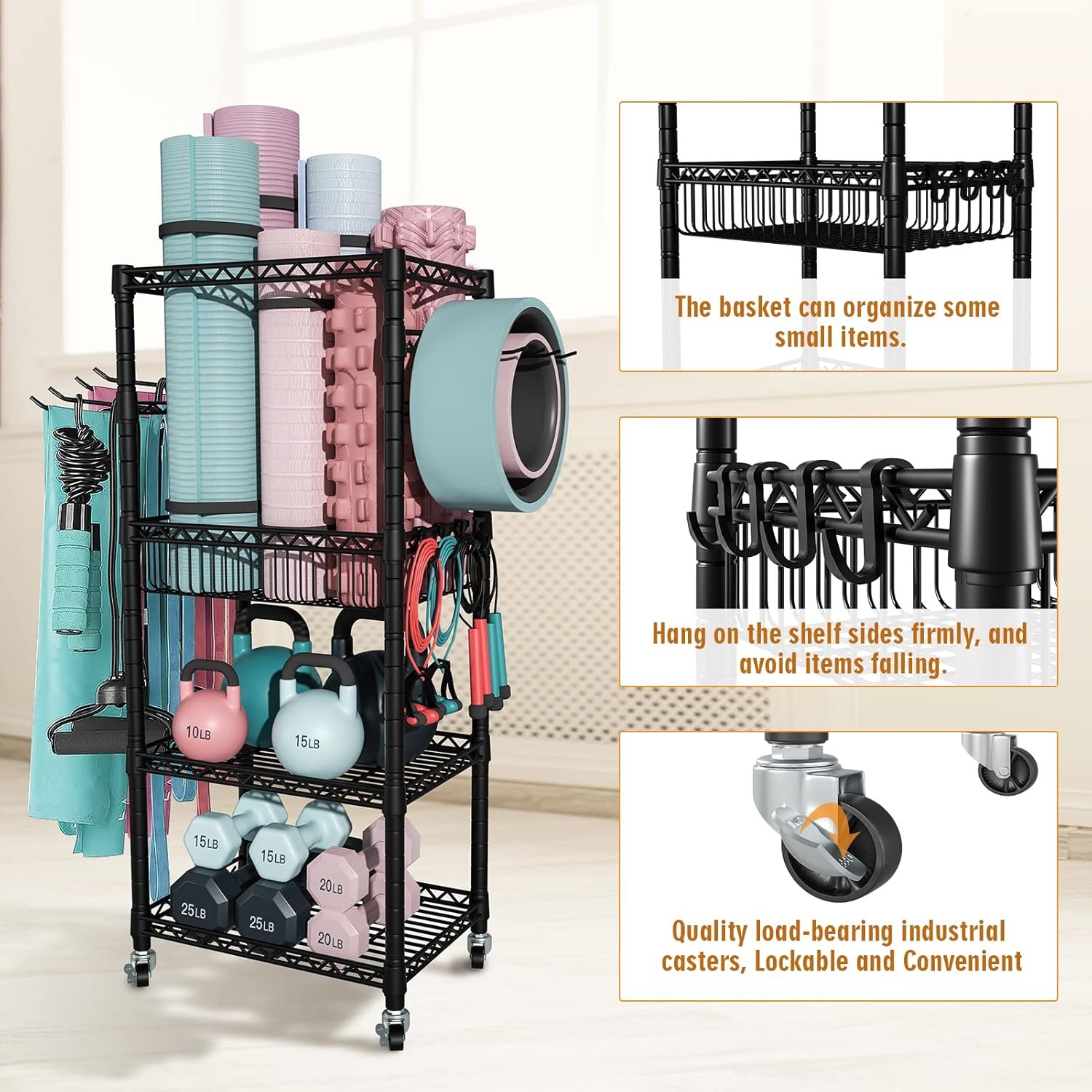 S1 Home Gym Storage, 3-Tier Workout Equipment Organizer with Wheels for Yoga Mats, Foam Roller, Dumbbells, Kettlebells, and Resistance Bands, 47.4" H x 27.5" L x 11.8" D, Black - Image 3