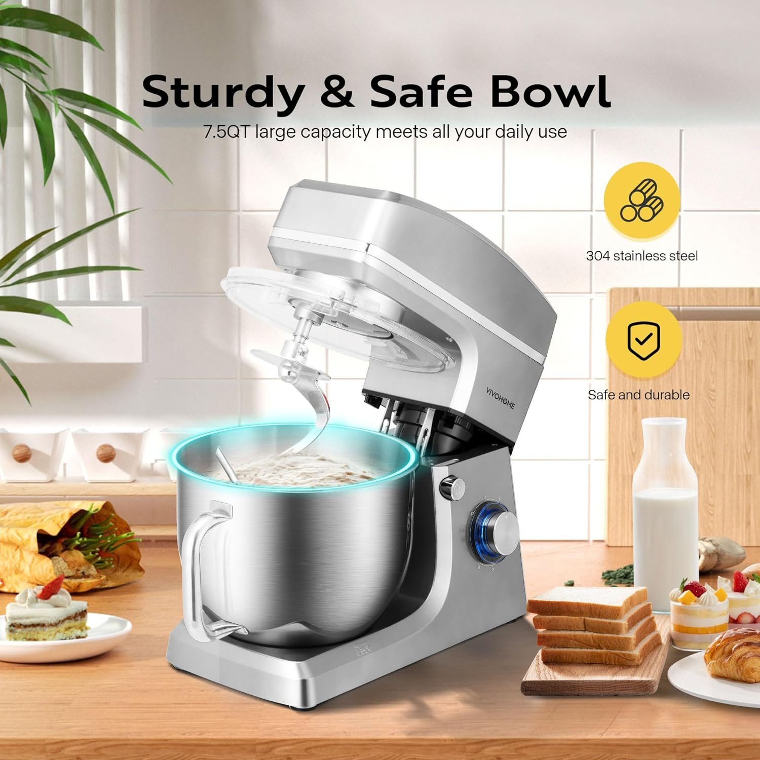 VIVOHOME 7.5 Quart Stand Mixer, 660W 6-Speed Tilt-Head Kitchen Electric Food Mixer with Beater, Dough Hook, Wire Whip, and Egg Separator, Silver - Image 5