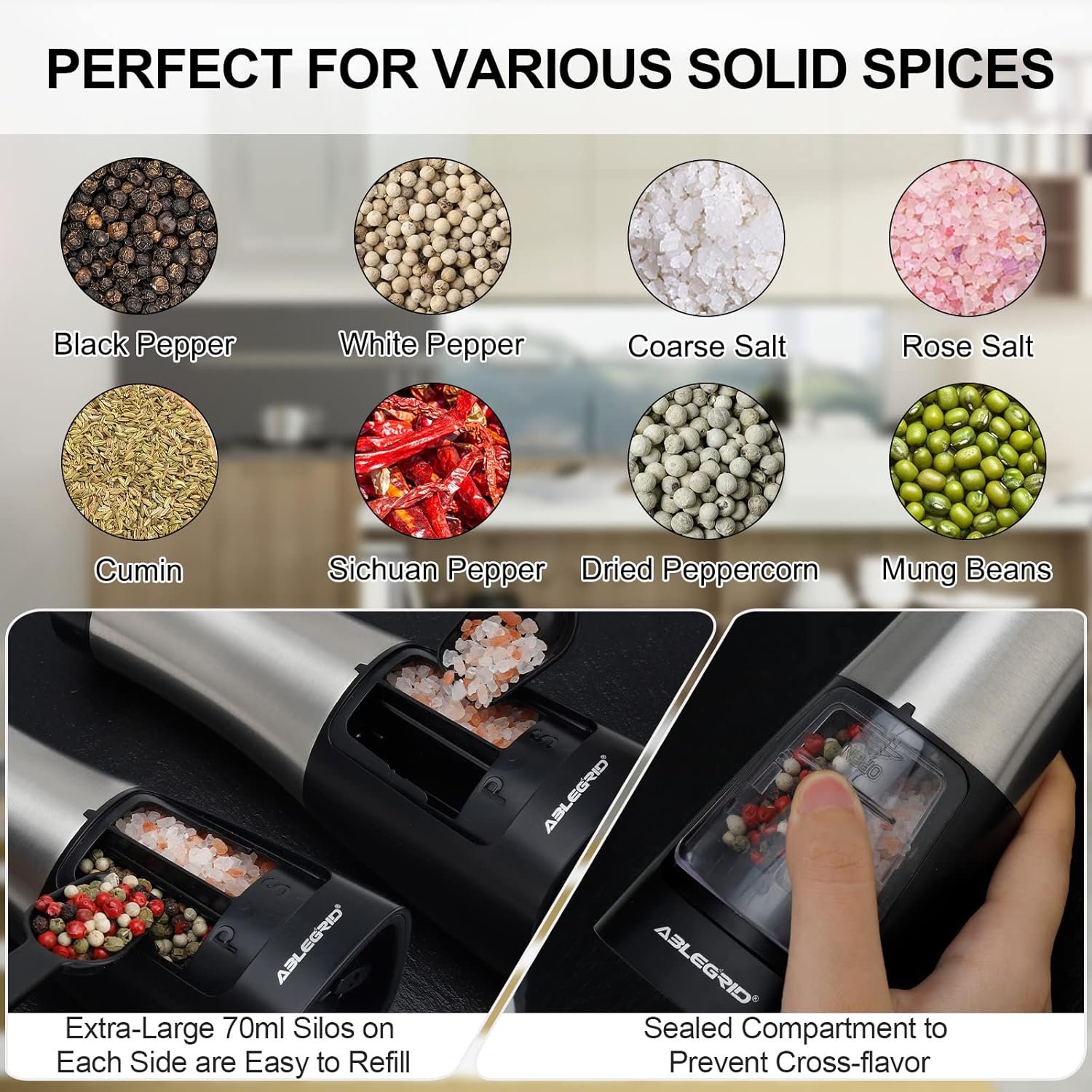 ABLEGRID Electric Salt and Pepper Grinder 2 in 1 Battery Powered, Automatic Pepper Mill & Salt Grinder Refillable, One-handed Operation, Adjustable Coarseness, 2-Button Control, Ceramic Grinding Core - Image 5