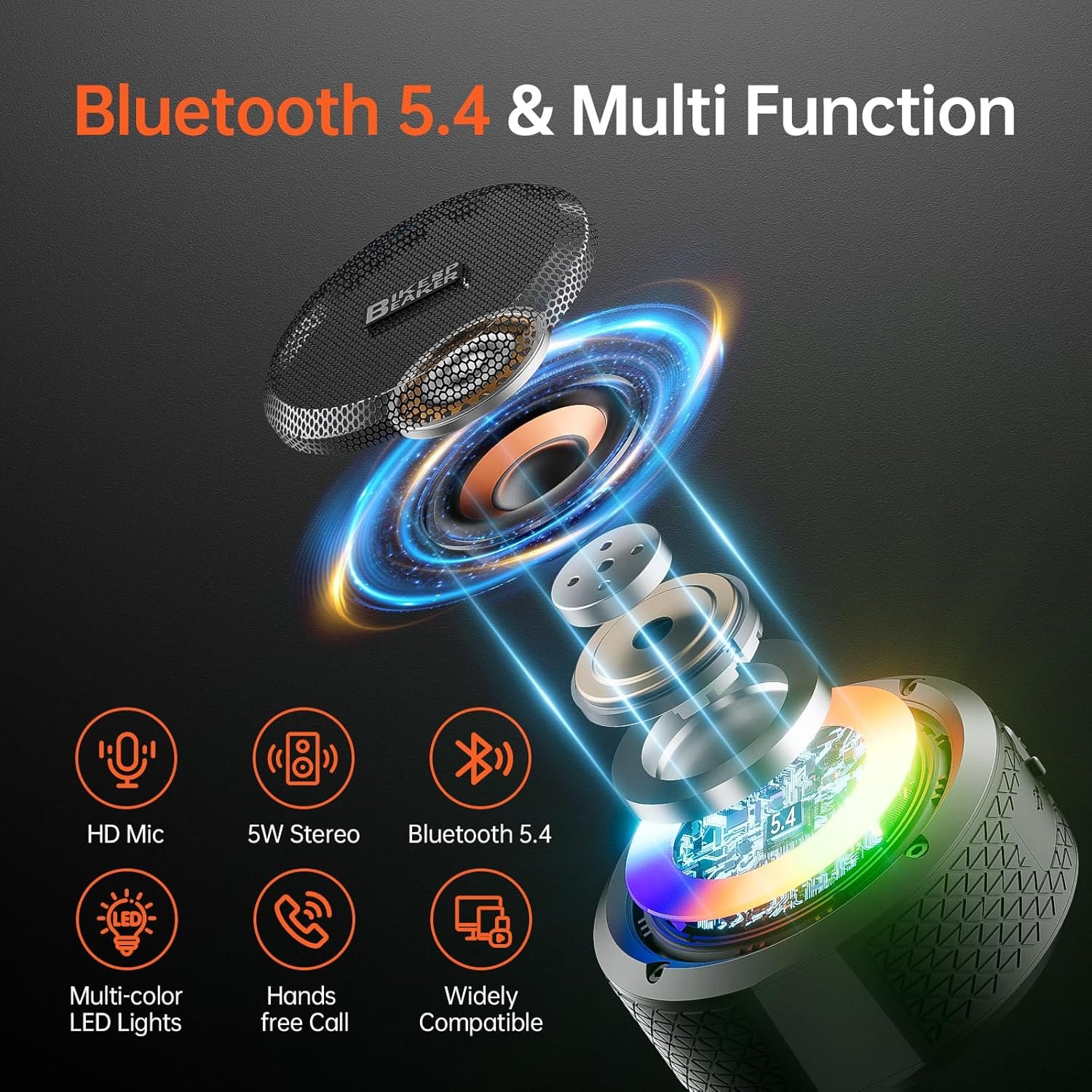 Bluetooth Shower Speaker, Upgraded Portable Shower Speakers Wireless Bluetooth 5.4, IP7 Waterproof Speakers with LED Lights, 12H Playtime, Suction Cup, Lanyard, Handsfree for Pool Bathroom Beach Party - Image 6