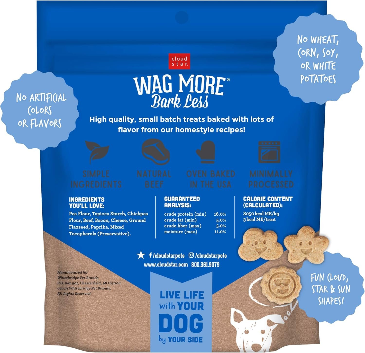 Cloud Star Wag More Bark Less Mini Crunchy Grain Free Dog Treats, Beef, Bacon & Cheese, 7 oz. Pouch - Image 3