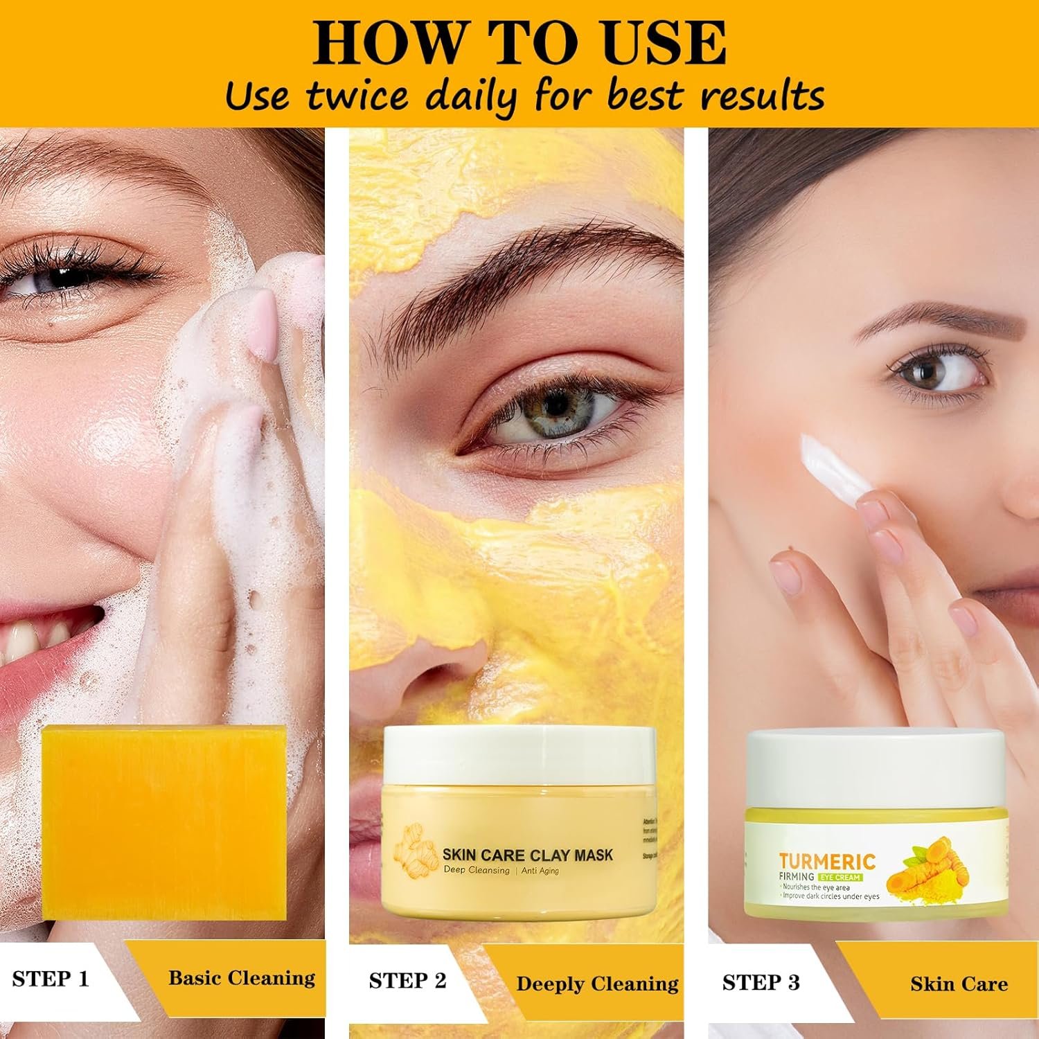 Turmeric Soap Bar Turmeric Clay Mask Turmeric Eye Cream Set of 3, Turmeric Facial Mask for Face with Kaolin Clay, Control Oil & Deep Cleansing, Natural Turmeric Soap for Acne, Blackheads & Smooth Skin - Image 8