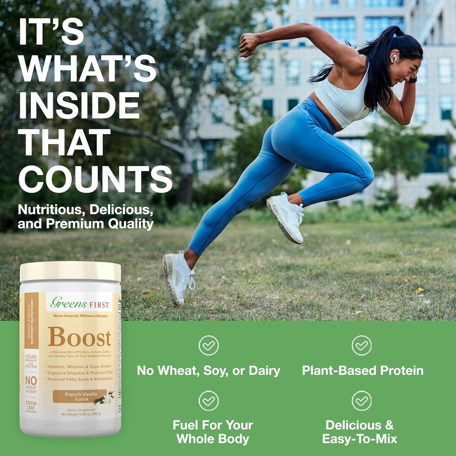 Greens First Boost - Plant-Based Protein & Balanced Nutrition - Superfood Shake Mix - No Wheat or Soy - Dairy-Free - Vegan - French Vanilla, 12.06 oz. - Image 4
