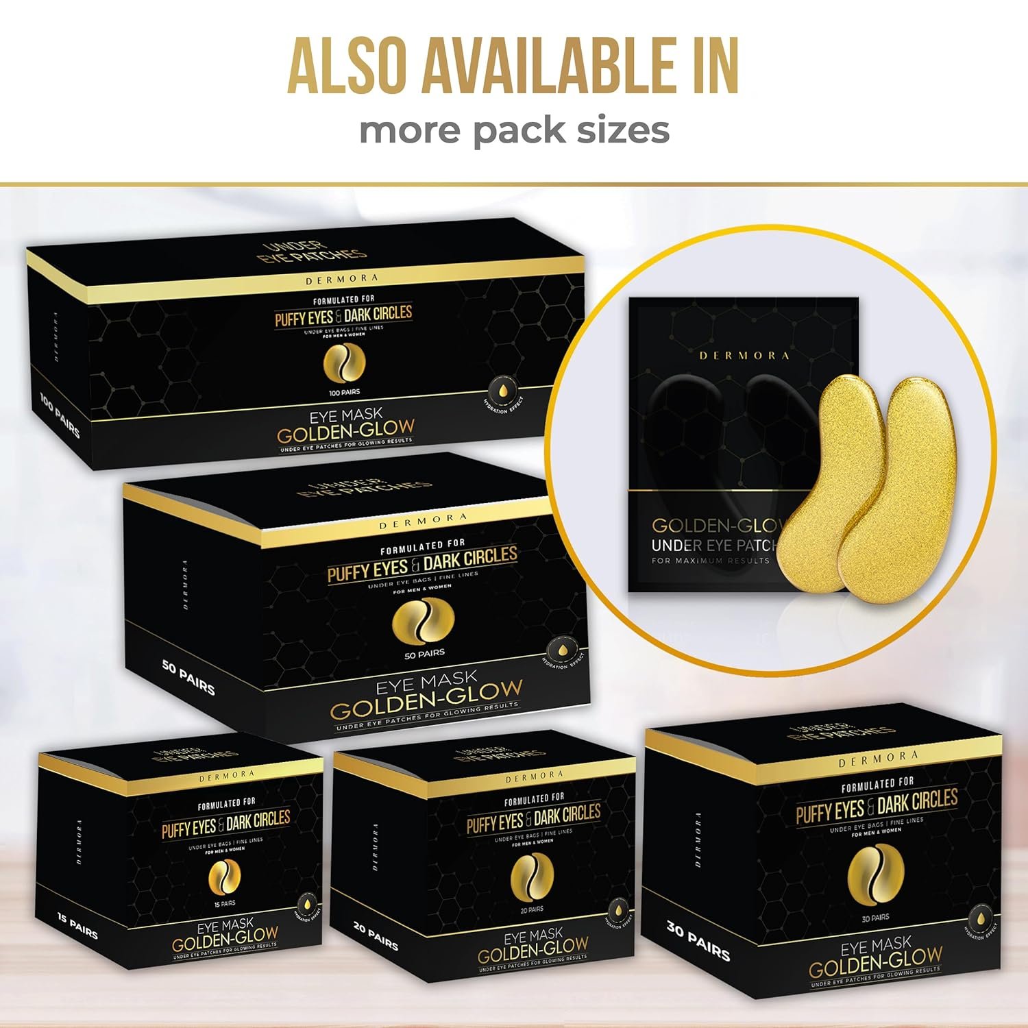 DERMORA Golden Glow Under Eye Patches (30 Pairs Eye Gels) - Rejuvenating Treatment for Dark Circles, Puffy Eyes, Refreshing, Revitalizing, Travel, Wrinkles - Image 8