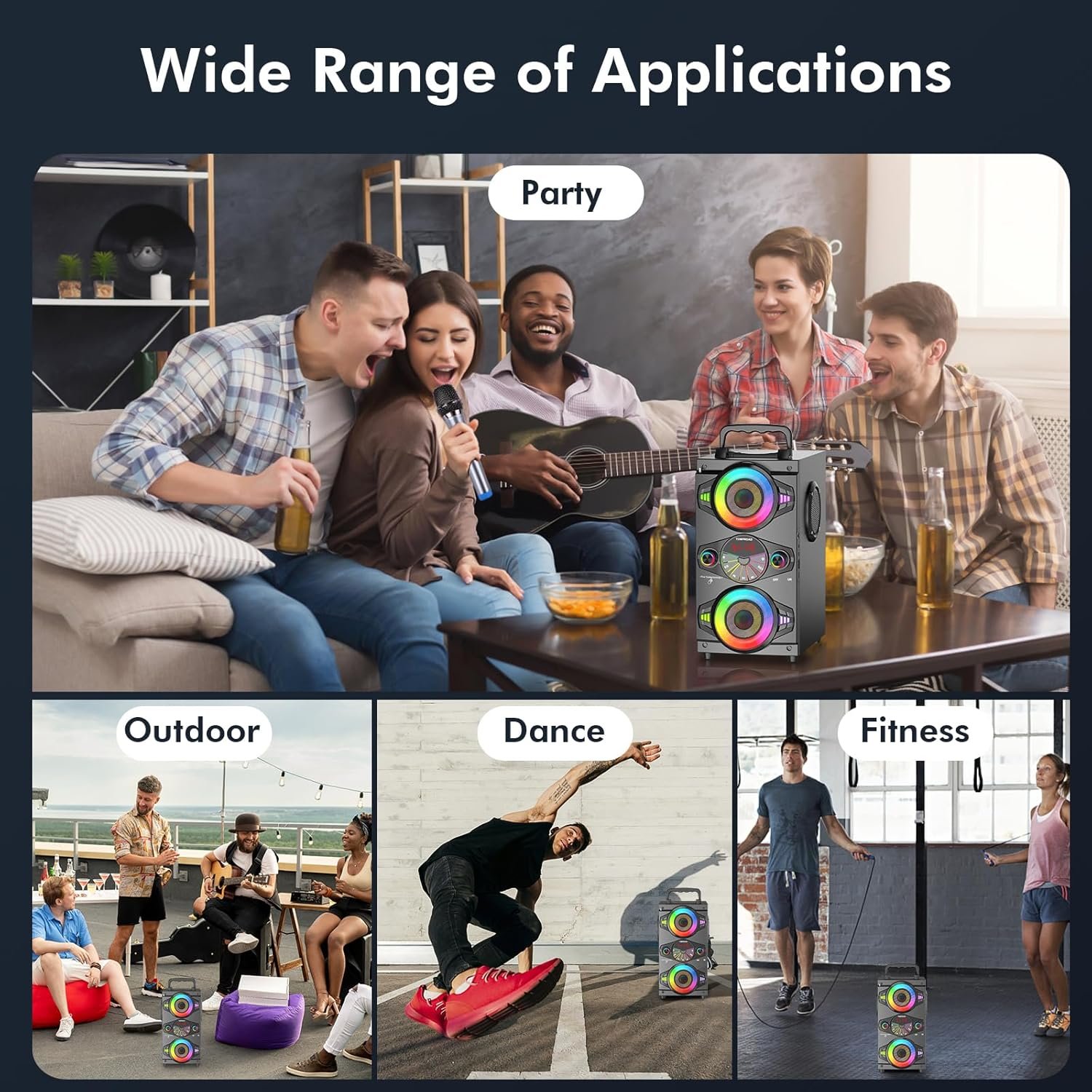 Bluetooth Speakers, 60W Portable Wireless Loud Outdoor Home Party Bluetooth Speaker with Subwoofer, FM Radio, LED Colorful Lights, Microphone, Remote and Big Powerful Stereo Deep Bass Sound Boombox - Image 8