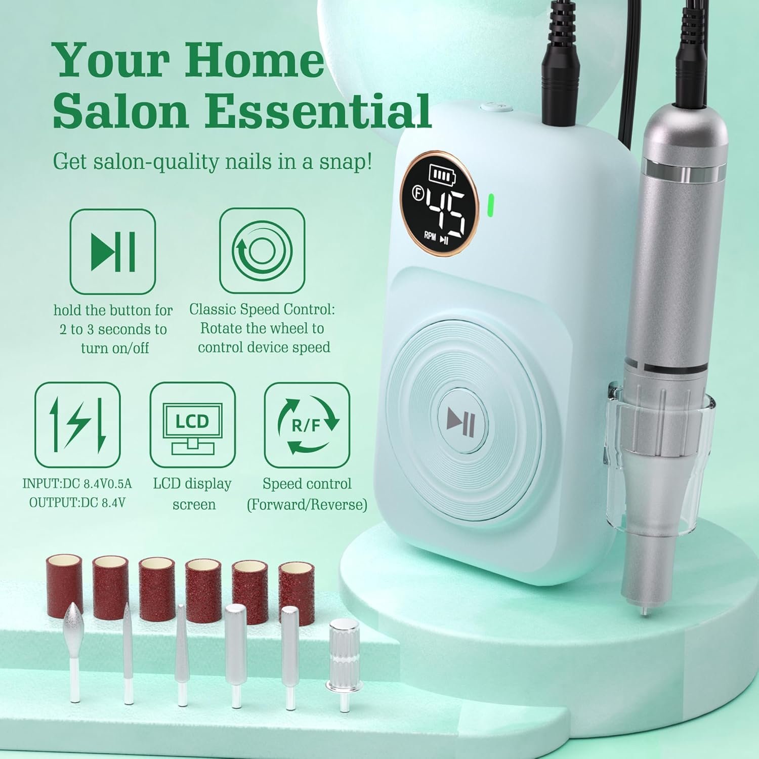 Electric Nail Drill Kit, Low Noise, Low Heat, Low Vibration, Professional Acrylic Nail Drill Machine with 6 Nail Drill Bits and Sanding Bands, Great for a DIY Home or Salon Mani-Pedis (Green) - Image 10