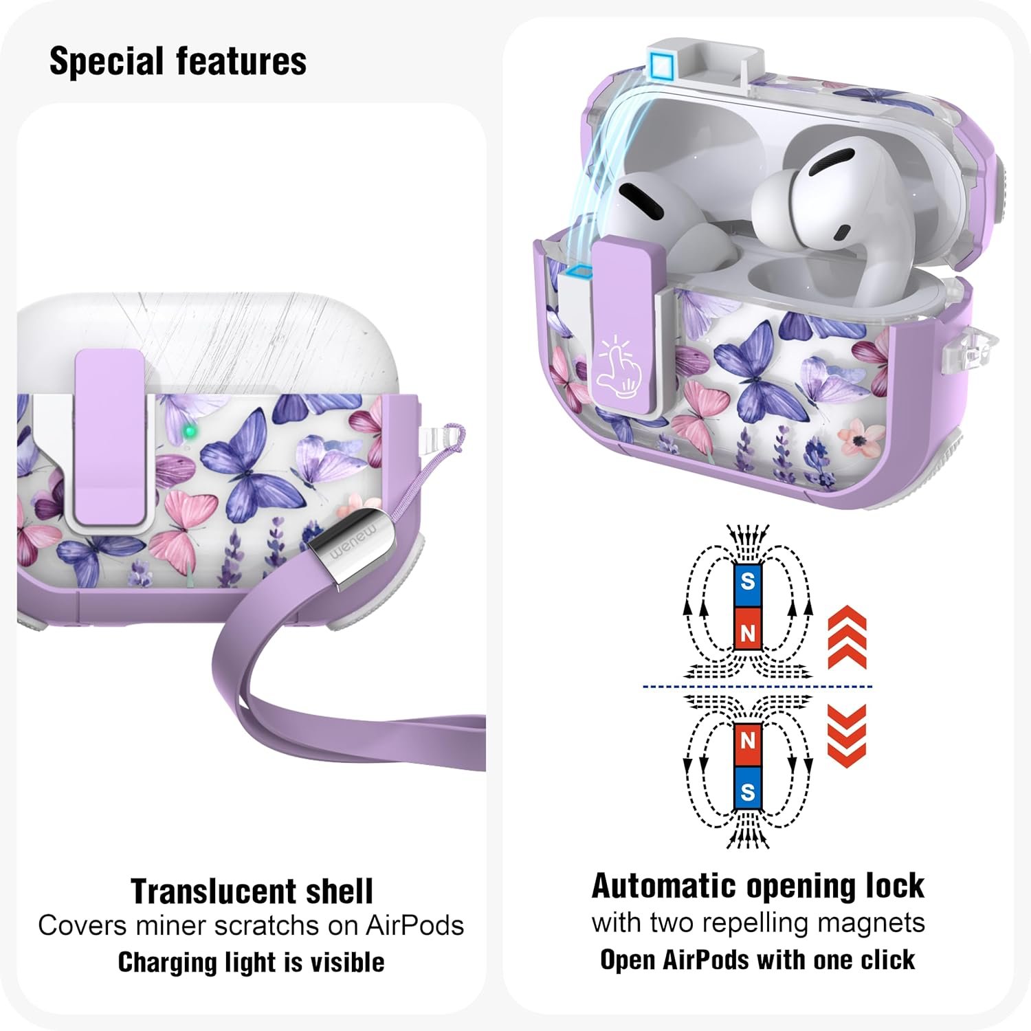 WENEW Case for AirPods Pro & Pro 2 Case Cover Secure Lock Automatic Snap Switch Clip Cleaner Kit Lanyard Women Stylish Hard Shell Full Body Front LED Visible (Purple Butterfly, AirPods Pro & Pro 2) - Image 5