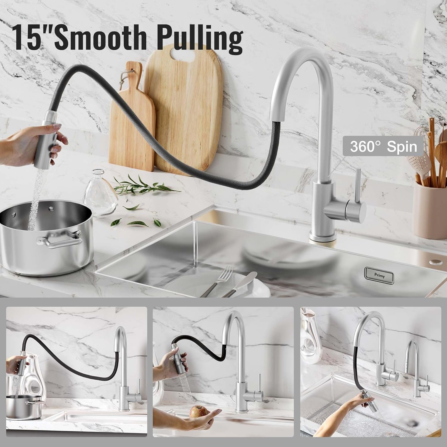 TRE Home Kitchen Faucets, Kitchen Faucet with Pull Down Sprayer, Kitchen Sink Faucet, RV Faucets Kitchen, Utility Sink Faucet with Sprayer, Laundry Sink Faucet (Brushed Nickel) - Image 4