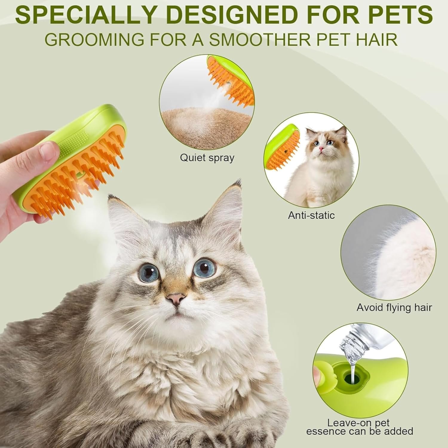Cat Steam Brush 3 in 1, Silicone Massage Grooming & Pet Hair Remover, Spritz Defur Comb for Cats Dogs, Steamy Brush, Misting Pets Grooming Comb, Pet Hair Brushes Indoor Steamer by ALQMIA (Green) - Image 8