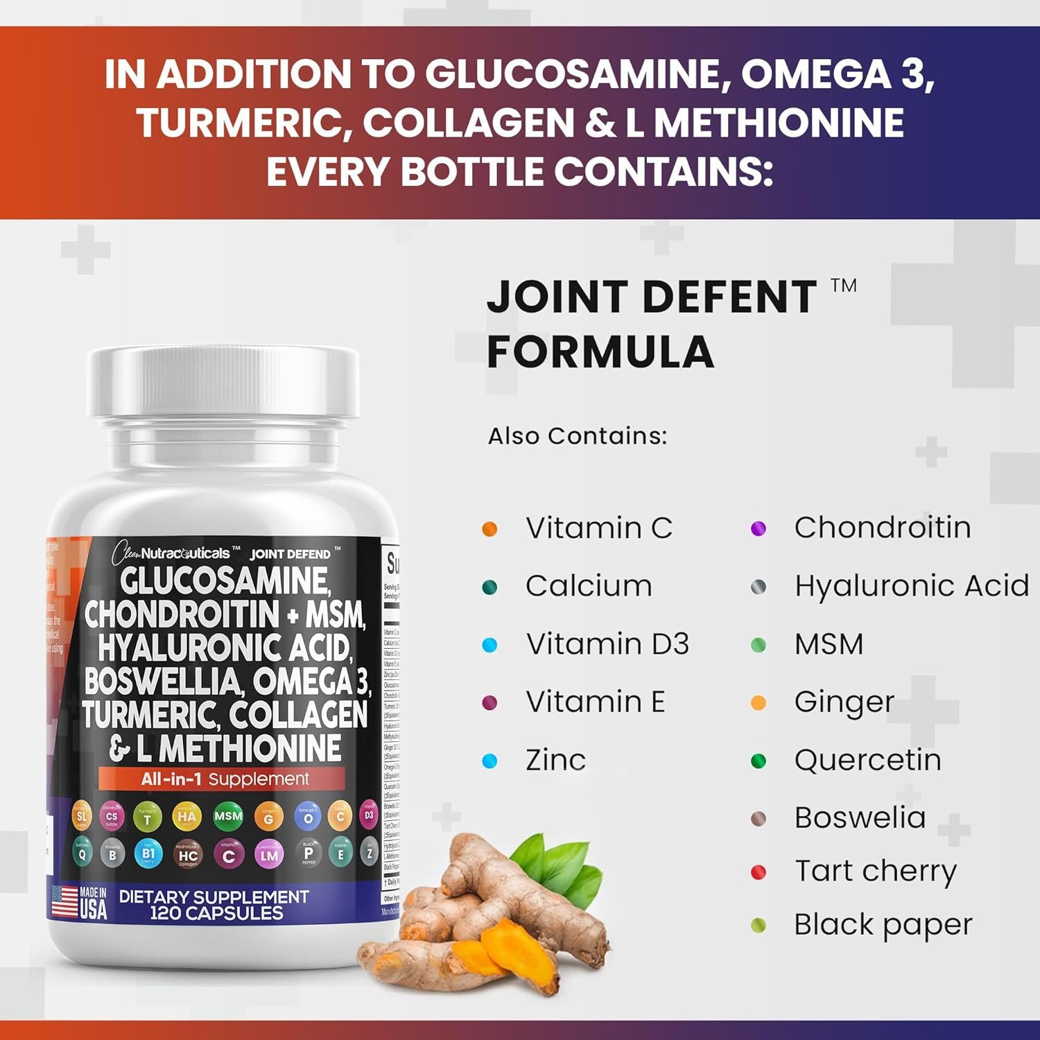 Clean Nutraceuticals Glucosamine Chondroitin MSM Turmeric Hyaluronic Acid Boswellia Collagen Tart Cherry - Joint Support Supplement Omega 3 Pills Ginger Quercetin Capsules - 120 Count USA - Image 7