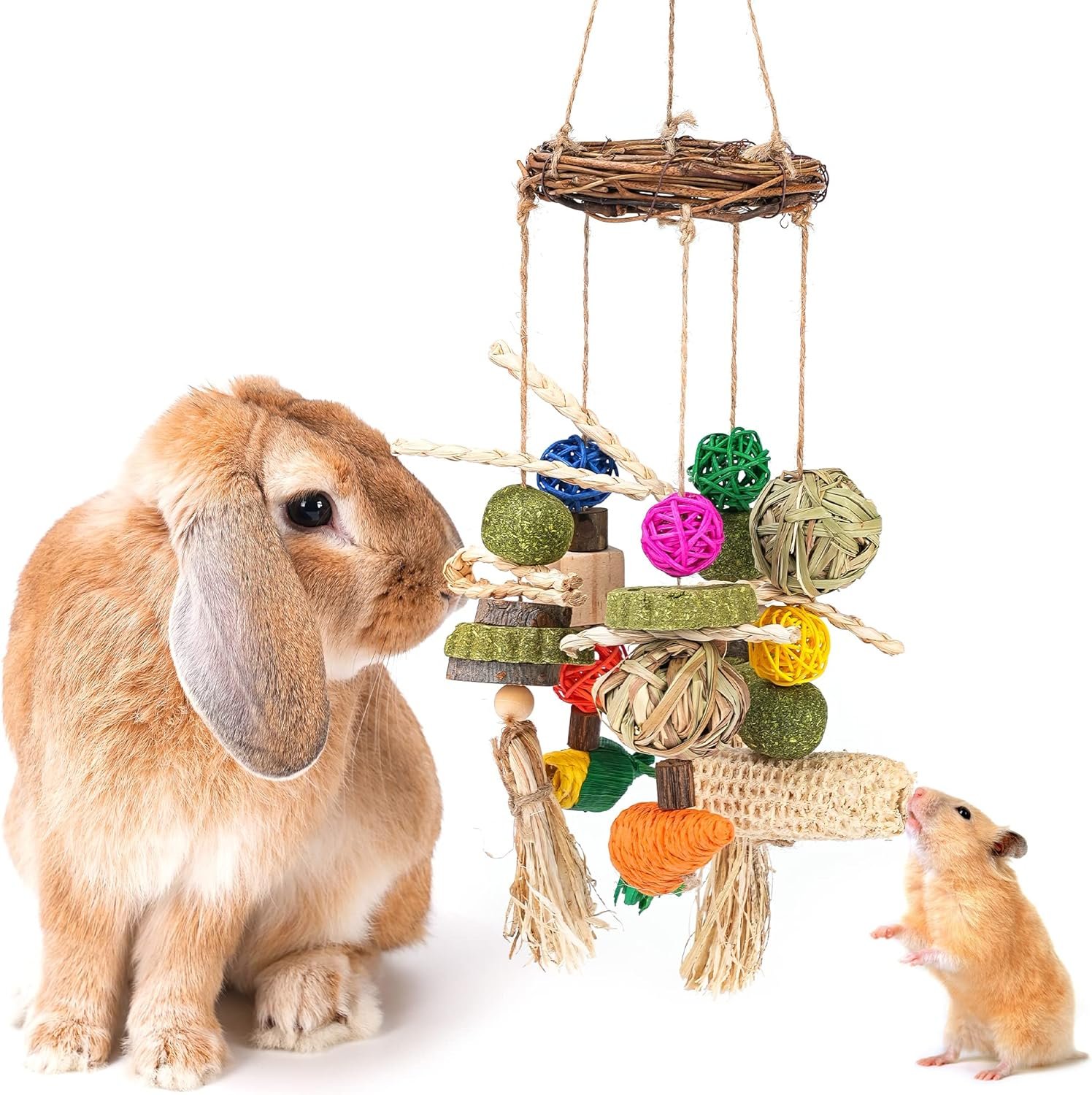 Rabbit Chew Toys for Teeth, Bunny Cage Hanging Chew Toys and Treats for Rabbits, Rattan Ring with Snacks for Guinea Pigs Hamsters Chinchillas Rats Gerbils and Other Small Pets Teeth Grinding - Image 2