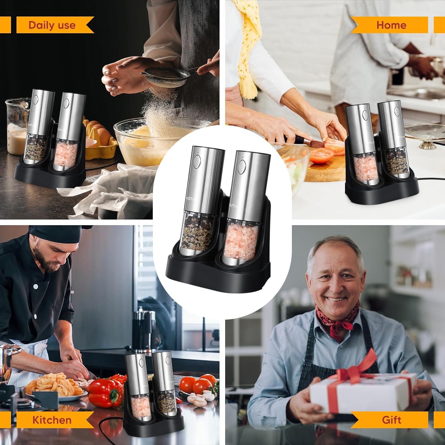 Electric Salt and Pepper Grinder Set with Charging Base, Stainless Steel Rechargeable Pepper Mills with 95ml Large Capacity, White LED Light and Adjustable Coarseness Grinder Ideal for Home, Kitchen - Image 8