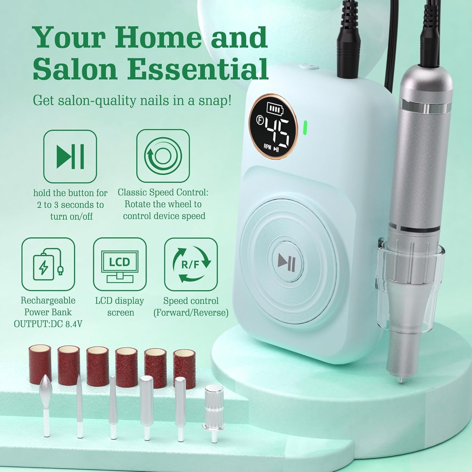 Electric Nail Drill Kit, Low Noise, Low Heat, Low Vibration, Professional Acrylic Nail Drill Machine with 6 Nail Drill Bits and Sanding Bands, Great for a DIY Home or Salon Mani-Pedis (Green) - Image 3