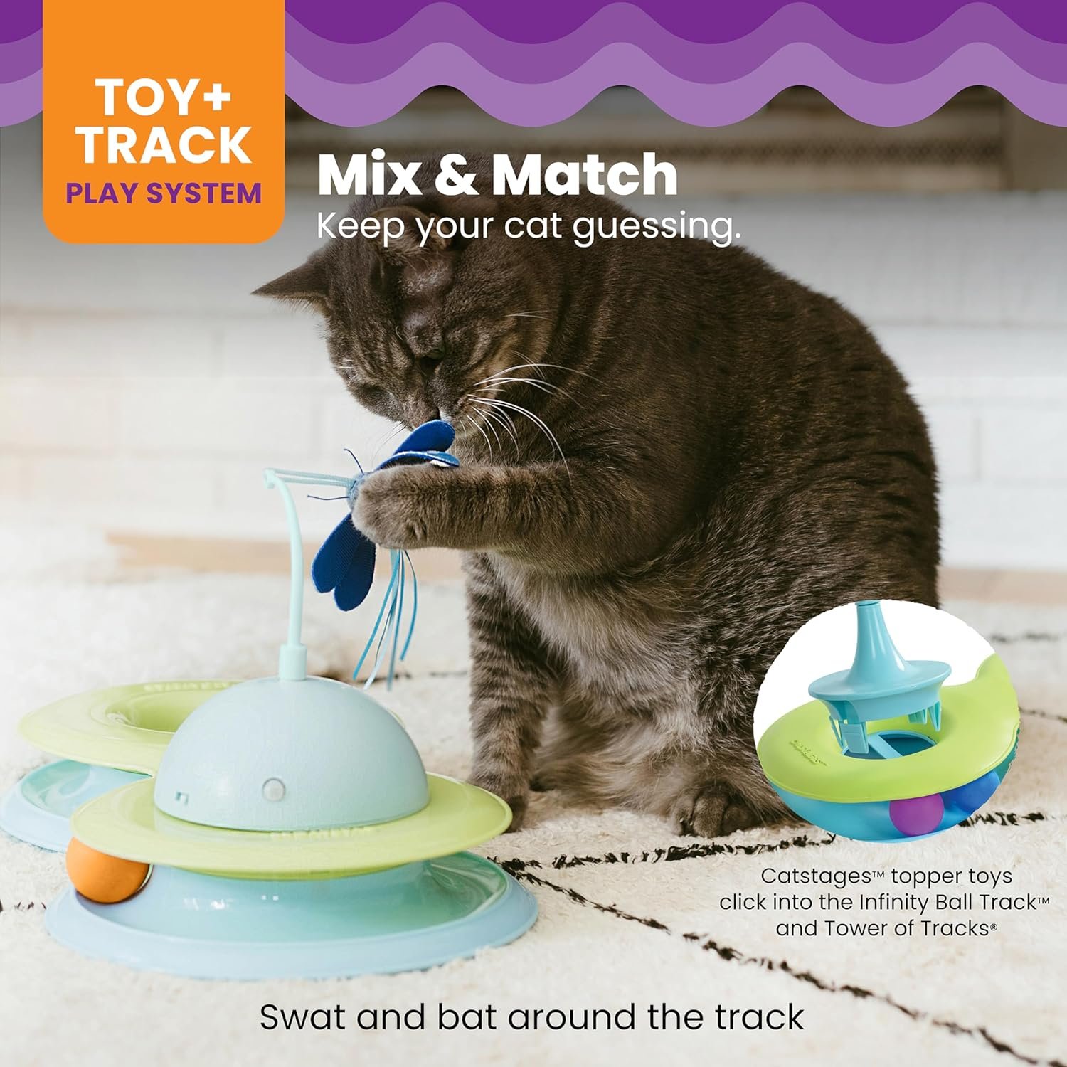 Catstages Infinity Ball Track for Cats with Two Balls, Including One Light-Up Ball, Figure-8 Shaped Cat Ball Track Compatible Topper Toys, Green - Image 6