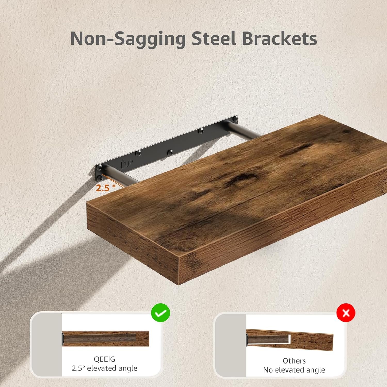 QEEIG Bathroom Floating Shelves for Wall Shelf Over Toilet Wall Mounted Farmhouse Small 16 inch Set of 2, Rustic Brown (008-40BN) - Image 6