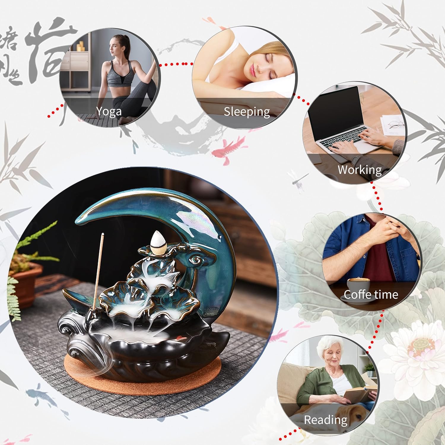 New Moon Backflow Incense Holder, Ceramic Hand-Made Incense Fountain Burner with 100 Backflow Incense Cones,Fragrance Incense Stick,mat,Aromatherapy Home Decoration - Image 5
