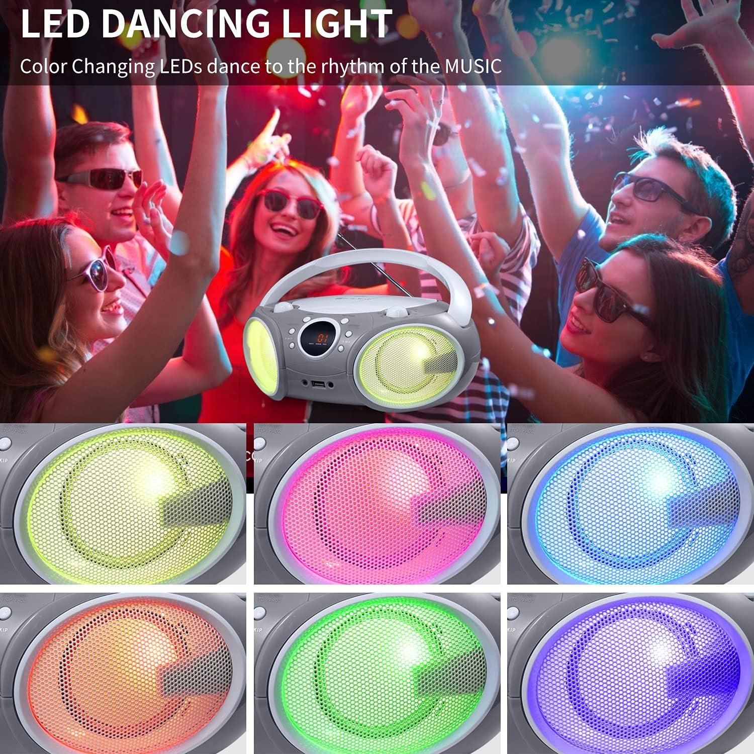 SINGING WOOD 030BTL CD/CD-R/CD-RW Boombox Portable/w Bluetooth, USB, AM/FM Radio, AUX-Input, Headset Jack, Foldable Carrying Handle and LED Light (Space Grey) - Image 4