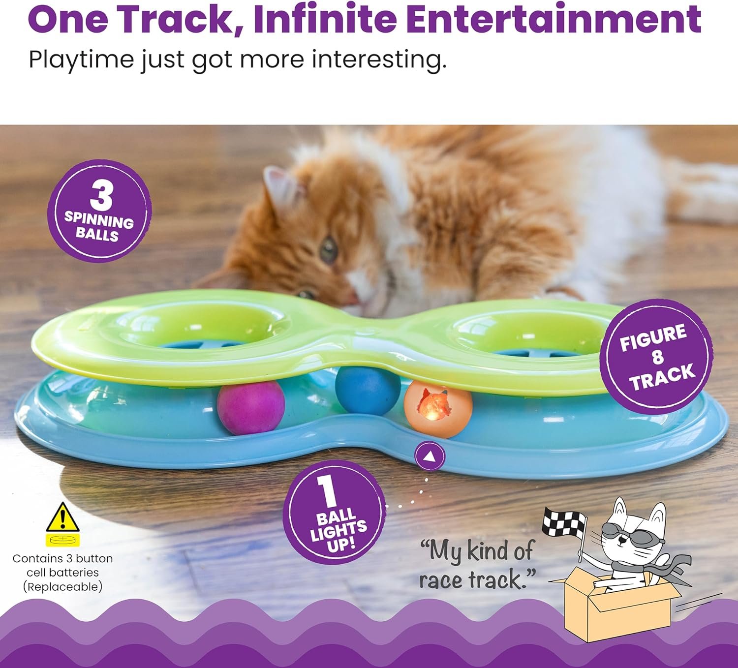 Catstages Infinity Ball Track for Cats with Two Balls, Including One Light-Up Ball, Figure-8 Shaped Cat Ball Track Compatible Topper Toys, Green - Image 3