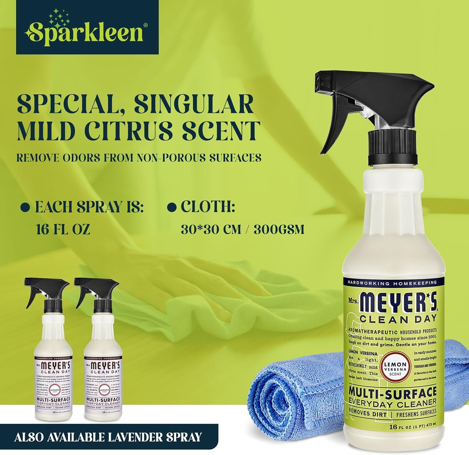 Mrs. Meyers Multi-Surface All Purpose Cleaner Set, Multi-Purpose Cleaner 2 Pack 16 oz. Lemon Verbena Spray and Cloth Set Bundle for Bathroom, Living Room or Bedroom, - Image 7