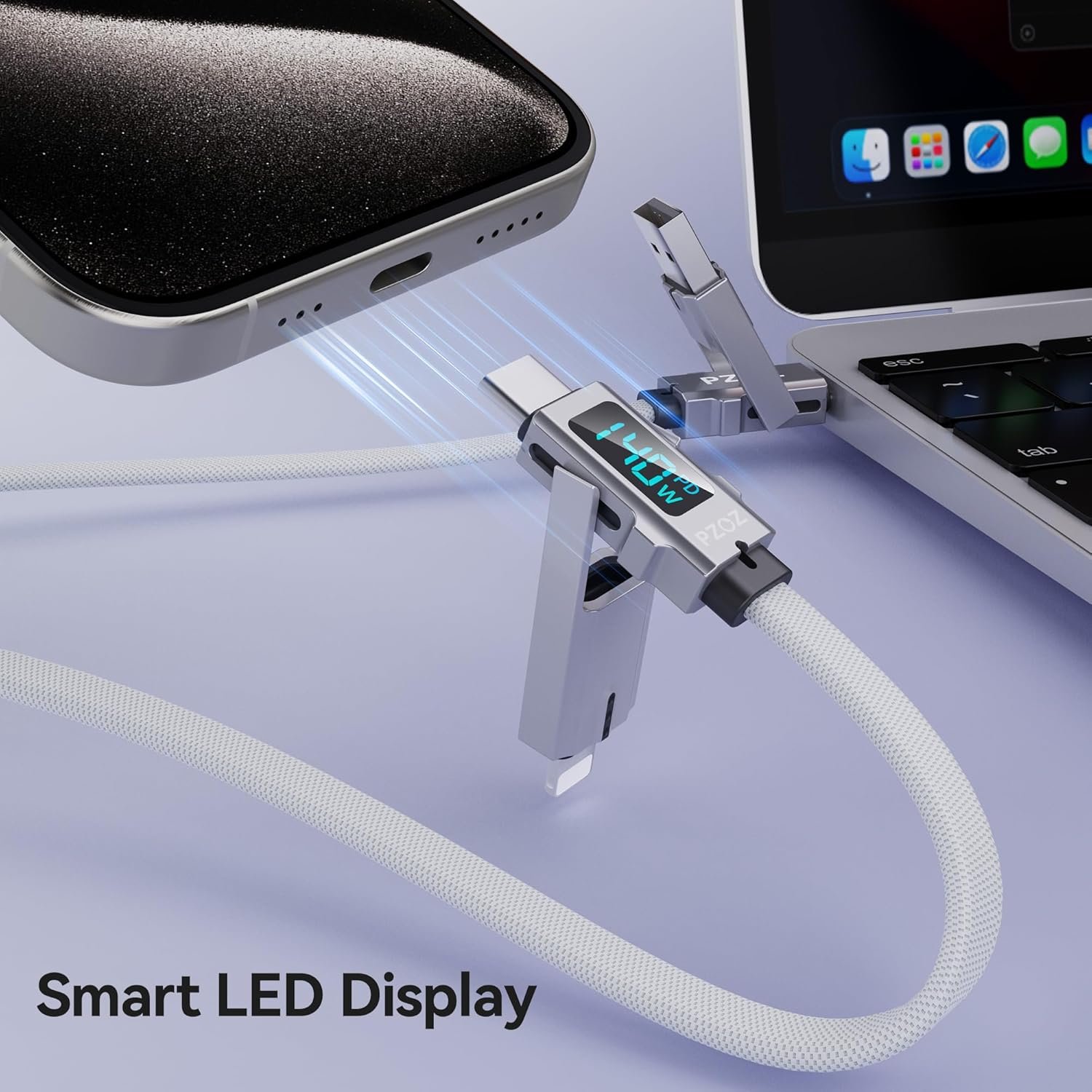 pzoz 4-in-1 USB C Fast Charging Cable with LED Display, Multi USBC Charger Combo Lightning/Type C/USB A Metal Ports for iPhone 16/15/14 Pro Max iPad MacBook AirPods Pro Samsung Google (140W, 5 ft) - Image 6