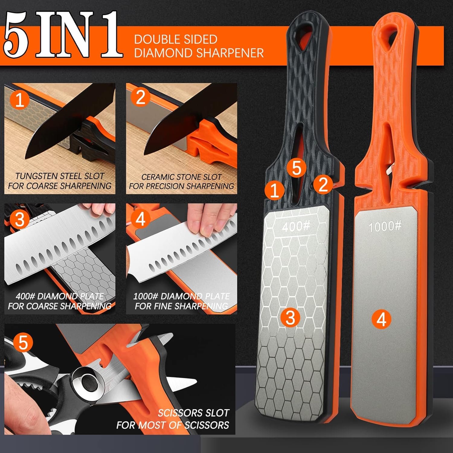 Diamond Sharpening Stone,400/1000 Grit Handheld Double-Sided Diamond Sharpener 5 in 1 Honeycomb Surface Knife Sharpener Plate Whetstone with Ceramic & Tungsten Steel Scissor Slot for Kitchen Outdoor - Image 4