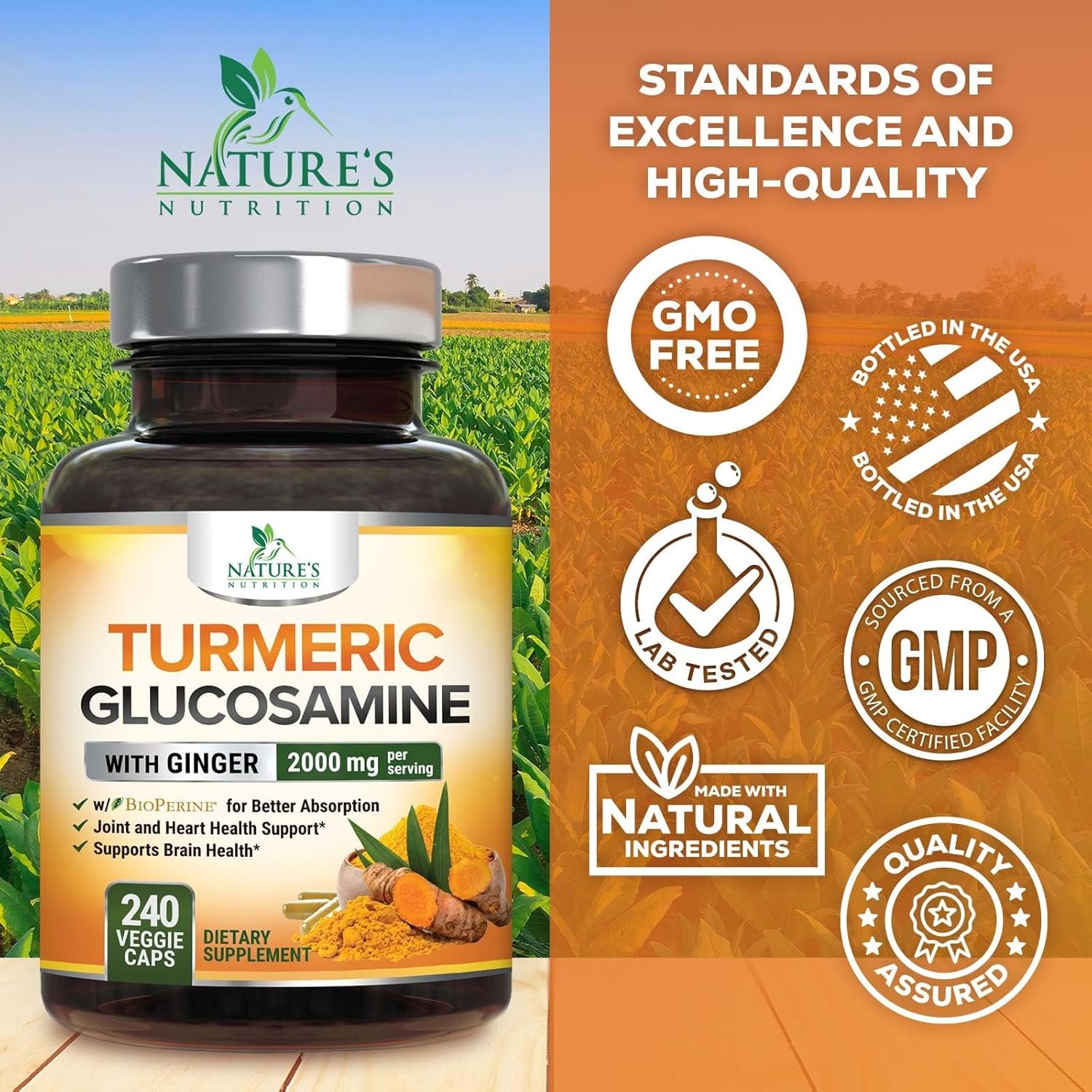 Turmeric Curcumin with BioPerine, Ginger & Glucosamine 95% Curcuminoids 2000mg Black Pepper for Max Absorption Joint Support, Nature's Tumeric Herbal Extract Supplement, Vegan, Non-GMO - 240 Capsules - Image 5
