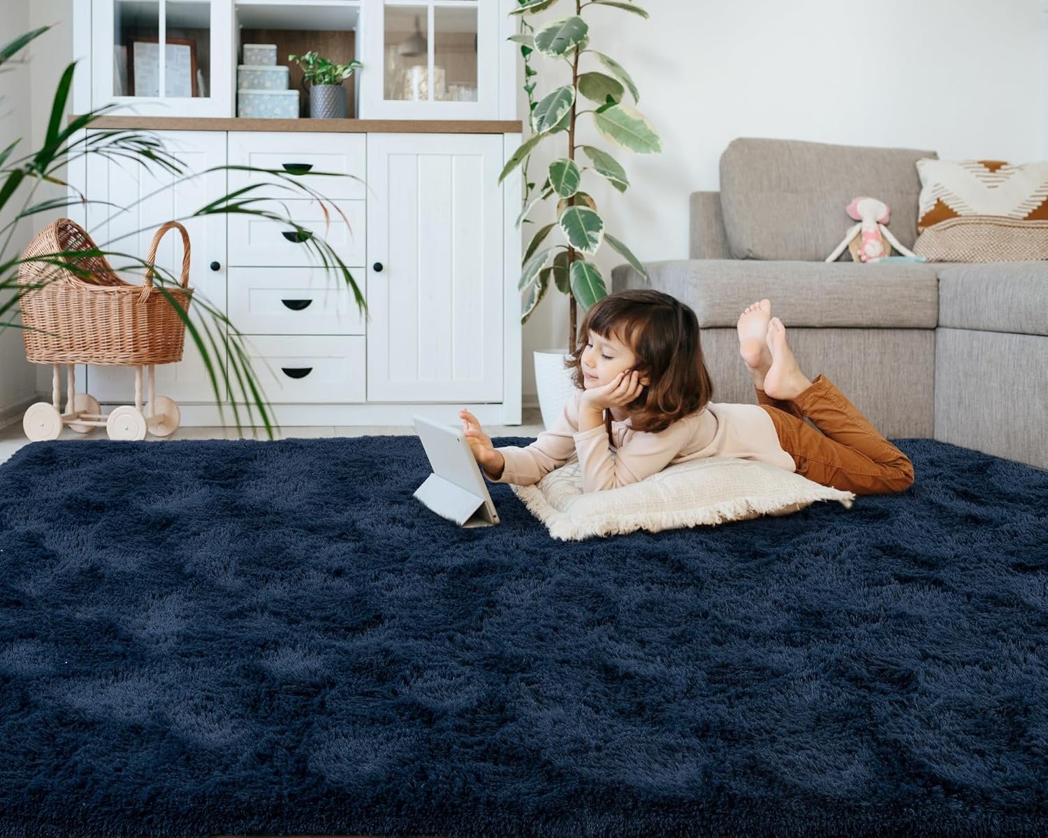 Softlife Rug for Bedroom 4x5.3 Feet Area Rug for Living Room Soft Shaggy Rugs for Kids Room Fluffy Fuzzy Carpet Long Plush Bedside Rug Nursery Christmas Home Christmas Decor for Boys Girls, Navy Blue - Image 6