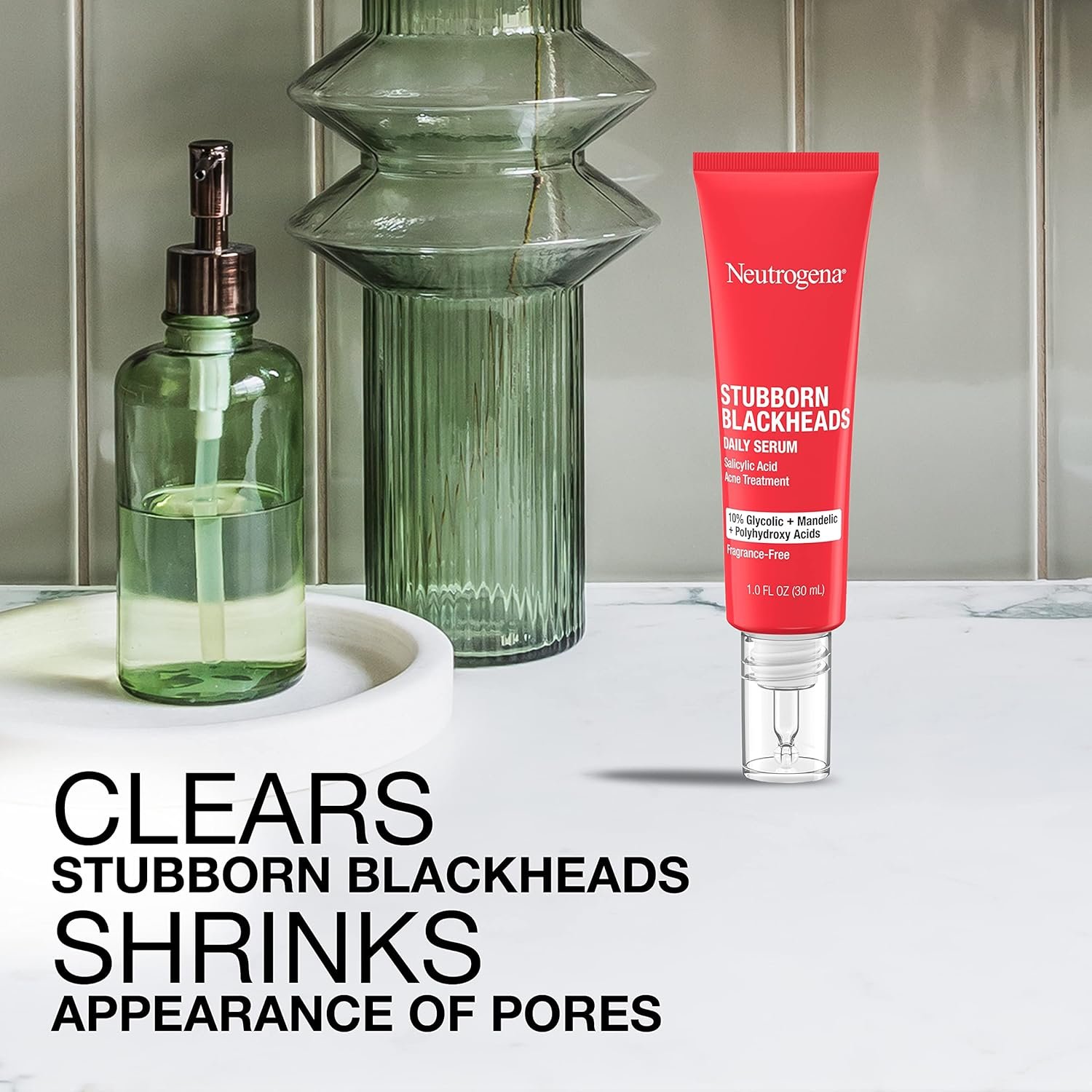 Neutrogena Stubborn Blackheads Daily Acne Facial Serum with Salicylic, Glycolic, Polyhydroxy & Mandelic Acids, Oil-Free Face Serum for Acne-Prone Skin to Help Clear Clogged Pores, 1 fl. oz - Image 8