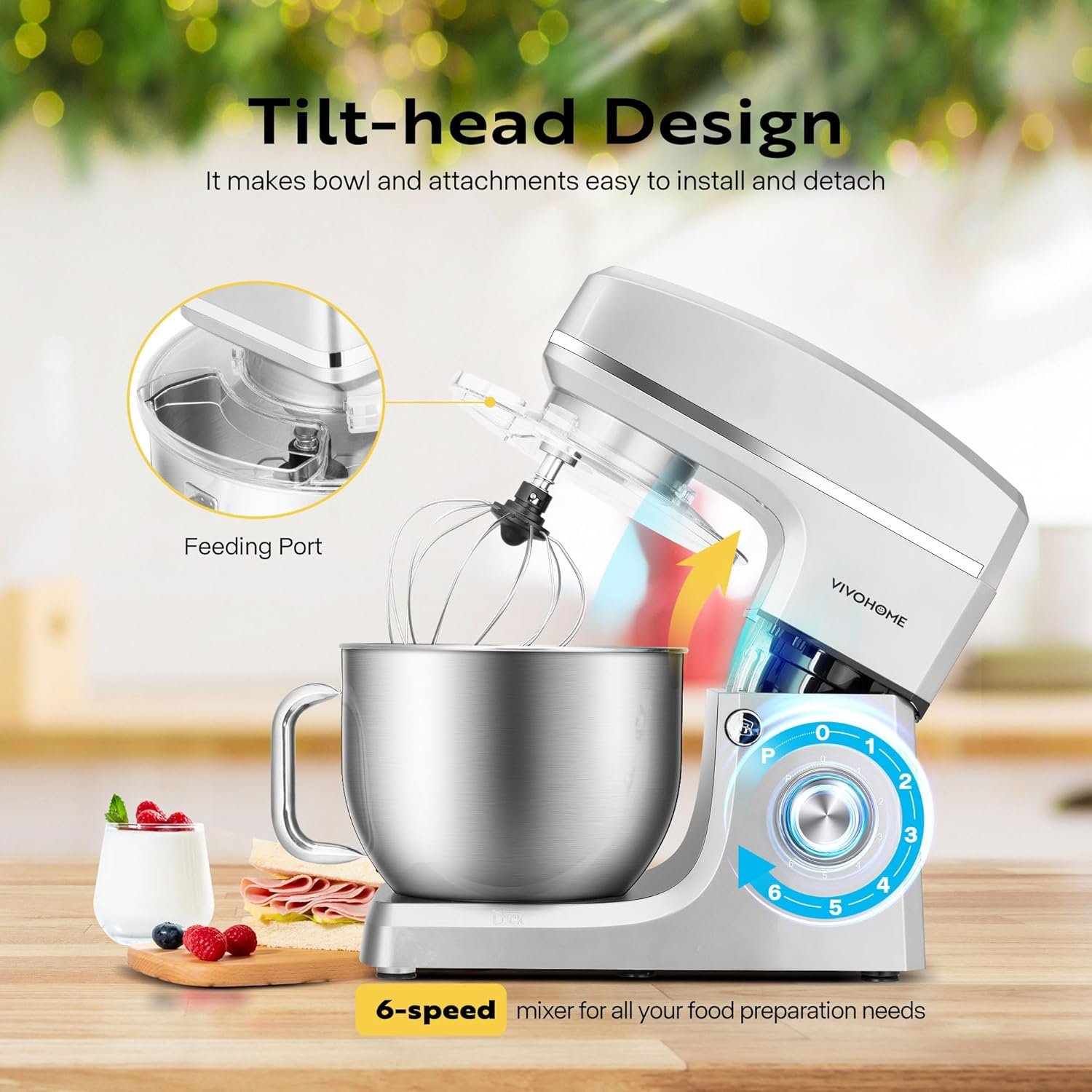 VIVOHOME 7.5 Quart Stand Mixer, 660W 6-Speed Tilt-Head Kitchen Electric Food Mixer with Beater, Dough Hook, Wire Whip, and Egg Separator, Silver - Image 6