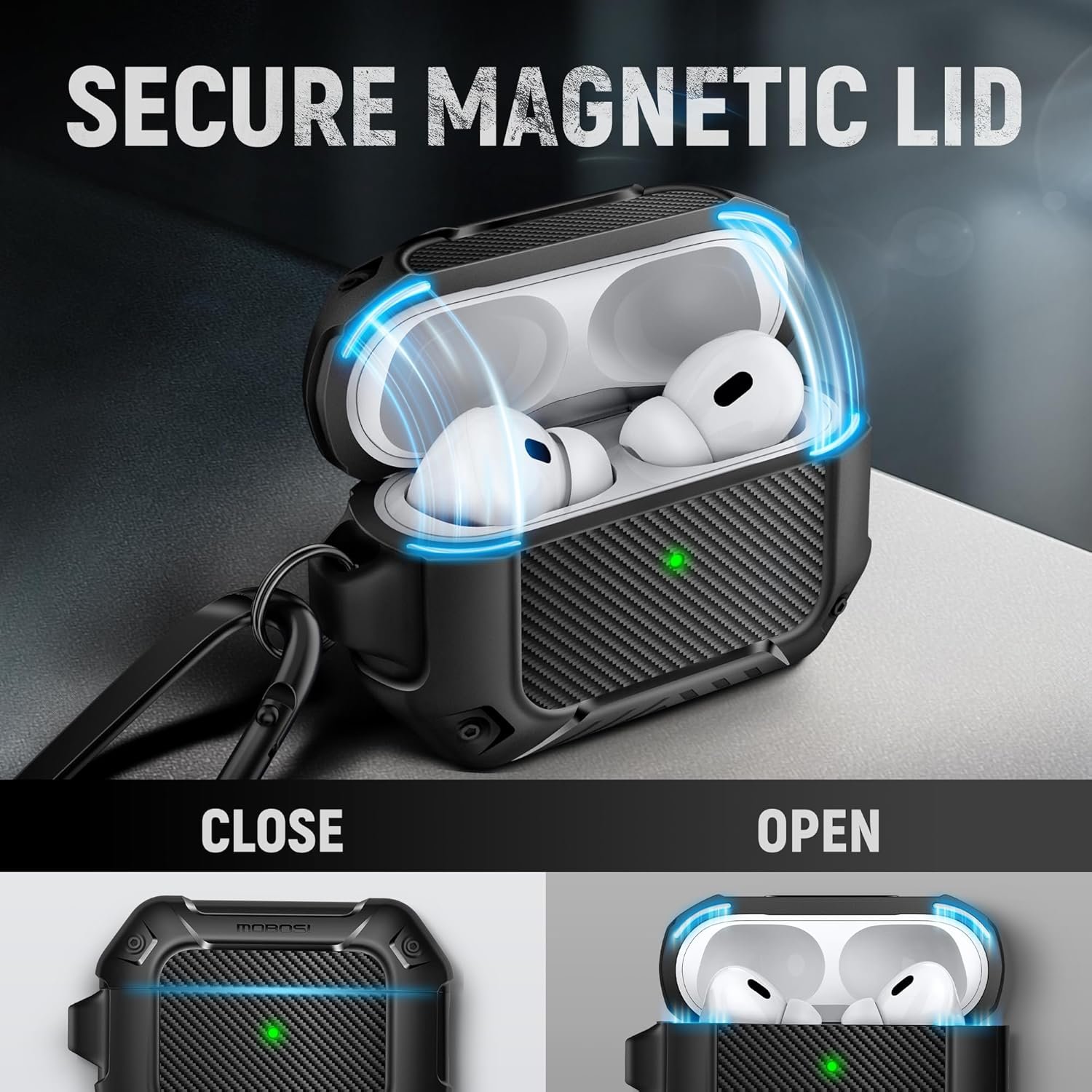 MOBOSI for Airpods Pro Case(2nd/1st Gen), Compatible with MagSafe, Carbon Fiber AirPods Pro 2nd Generation Case, Magnetic Lid, Hard Shell Protective Case Cover with Keychain(2023/2022/2019), Black - Image 4