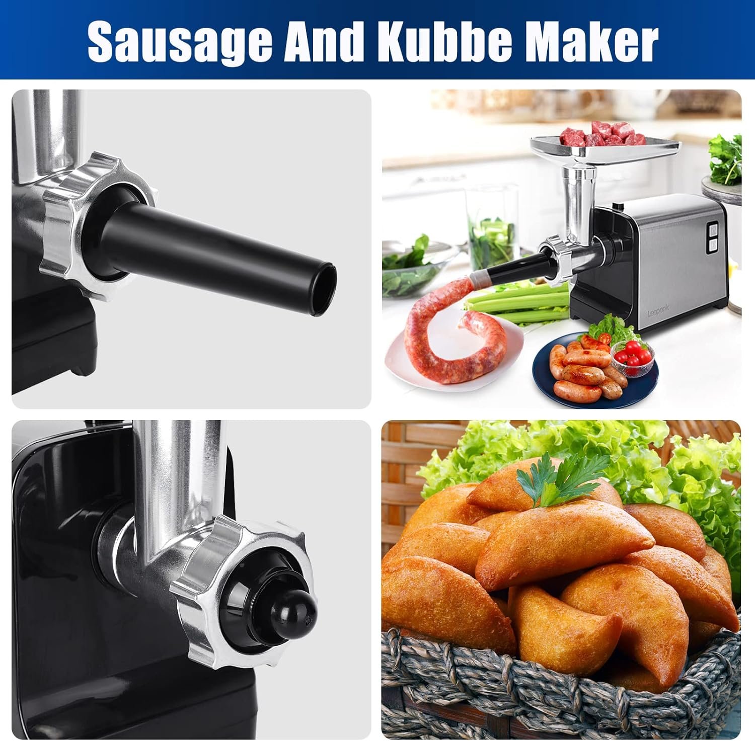 LEEPENK Meat Grinder Electric 2600W Max Heavy Duty Meat Mincer Machine,Stainless Steel Electric Meat Grinder with Safe Reverse Function Sausage Stuffer Maker and Kubbe Kit,2 Blades,3 Plates - Image 4